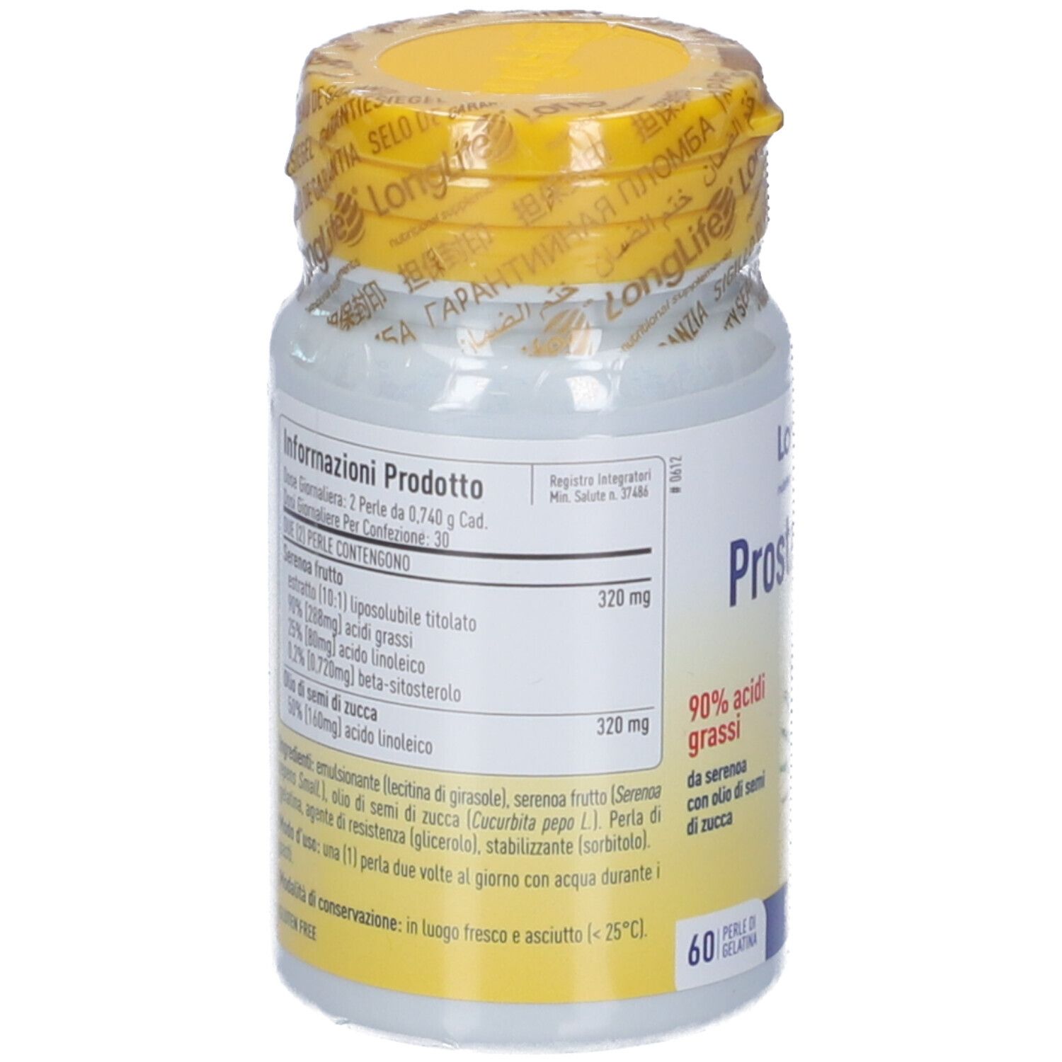 Flacone bianco, tappo giallo sigillato. Retro con informazioni prodotto. 60 capsule.