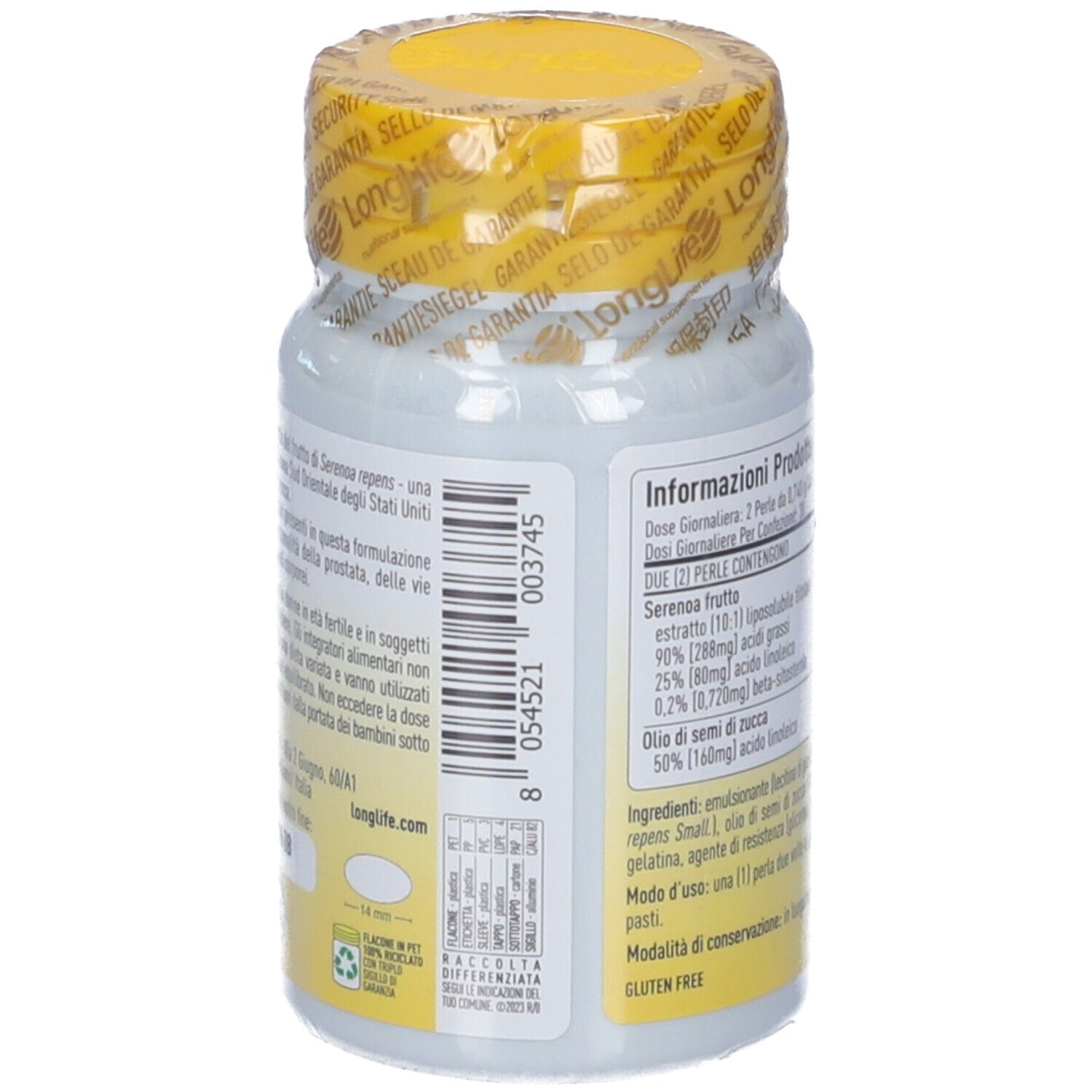 Flacone bianco, tappo giallo sigillato. Retro con informazioni prodotto. Logo senza glutine.