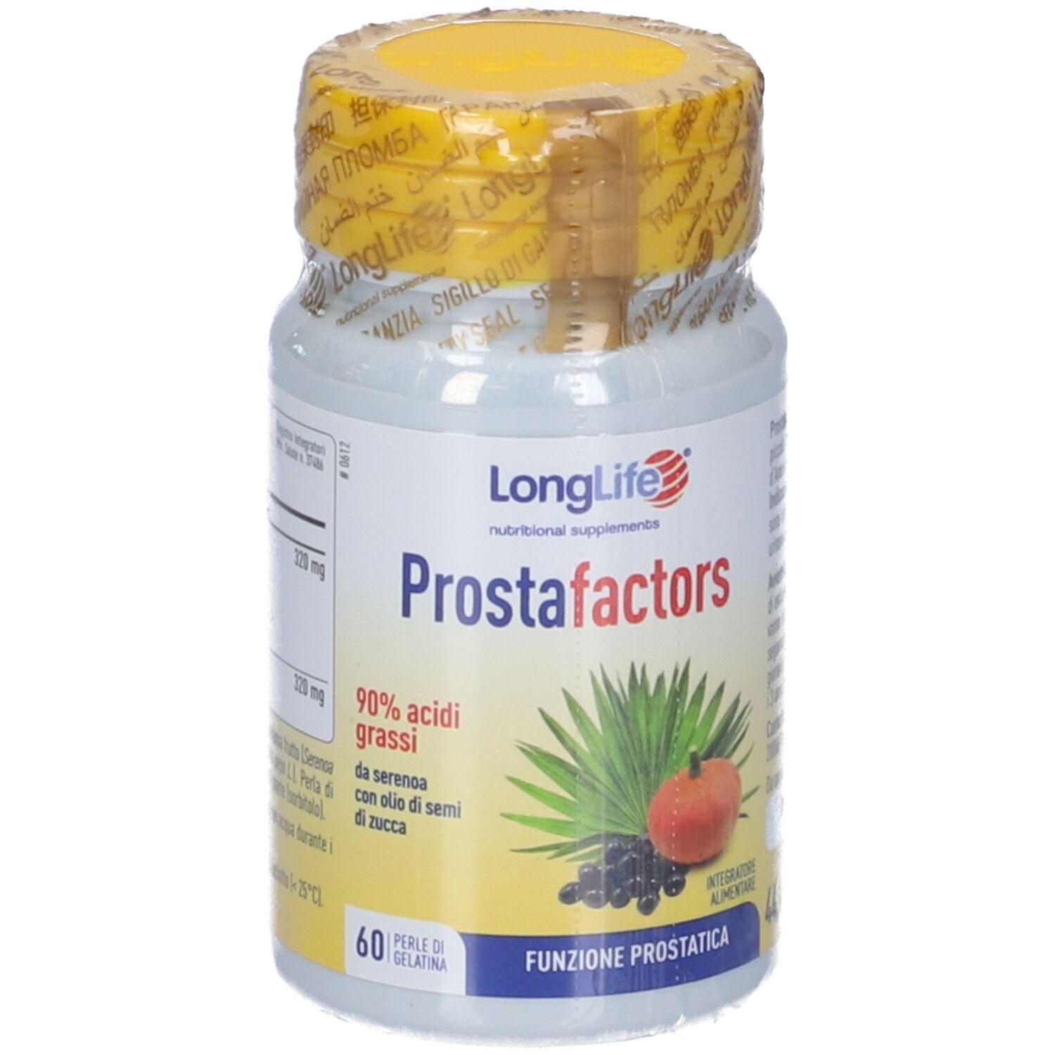 Flacone bianco, tappo giallo sigillato. Scritta: LongLife Prostafactors. Illustrazione: pianta, zucca, bacche. 60 capsule.