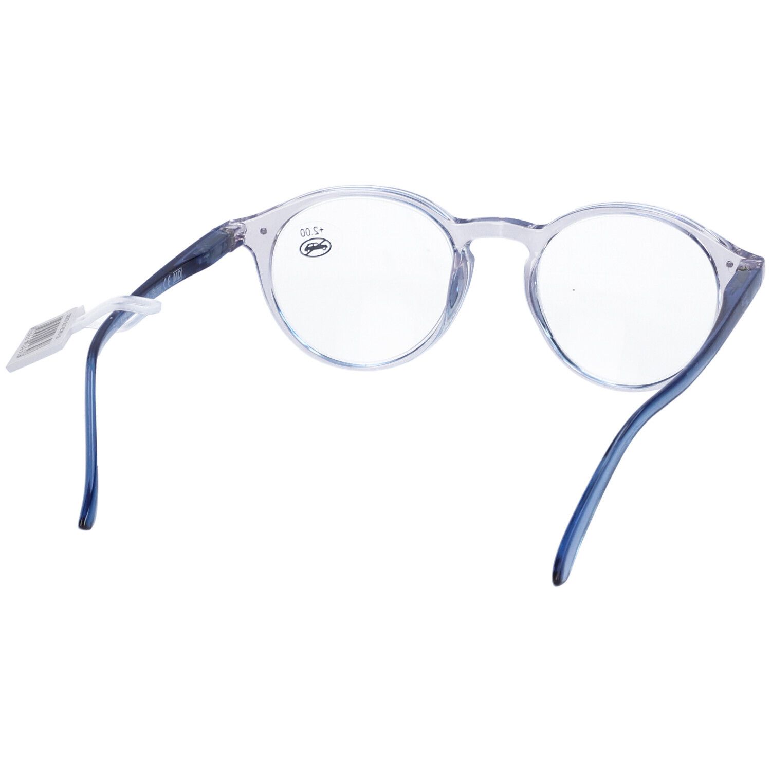 Occhiali blu con lenti rotonde. "+2.00" è scritto su una lente. Aste e montatura blu trasparente.