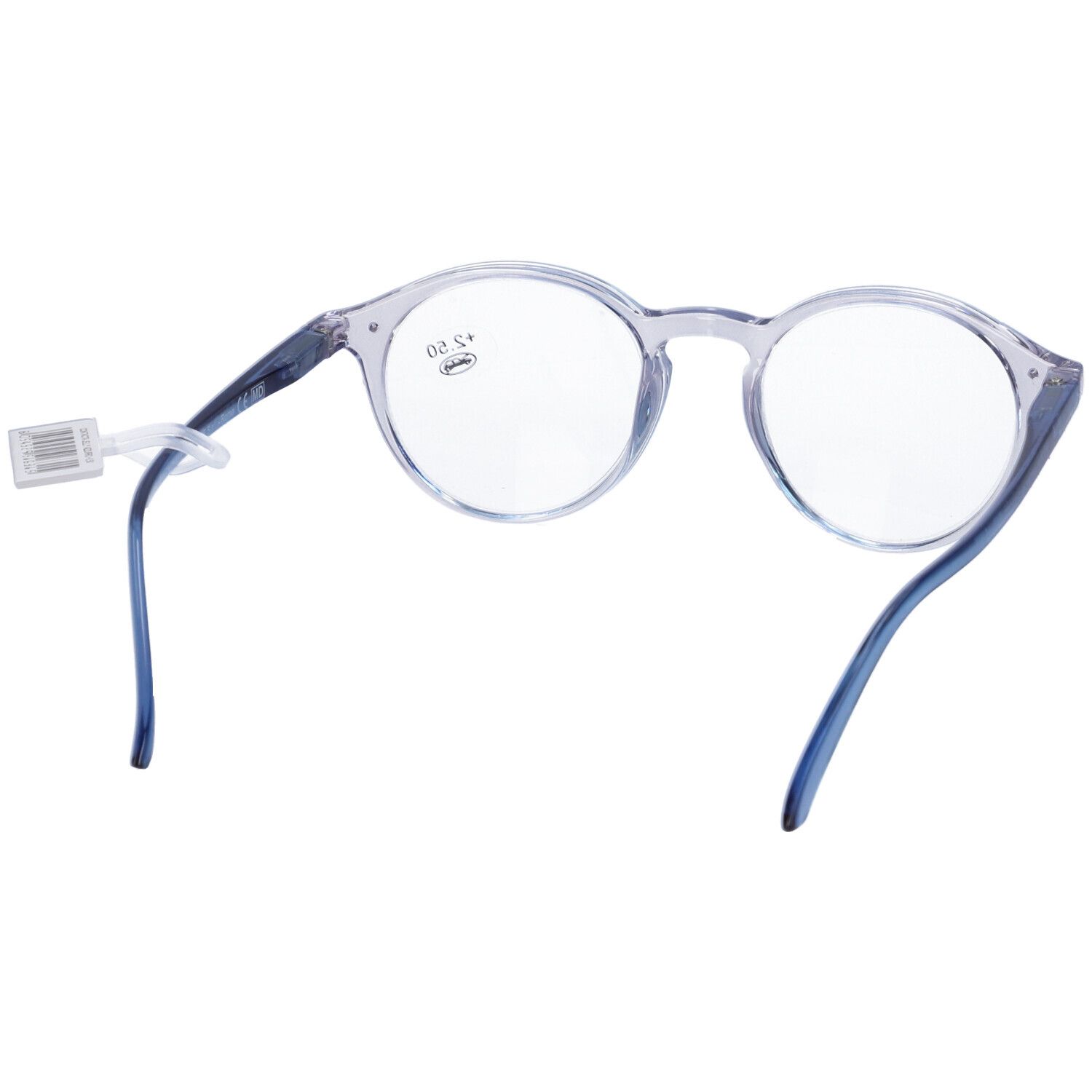 Occhiali blu con lenti rotonde. +2,50 su una lente. Con etichetta.
