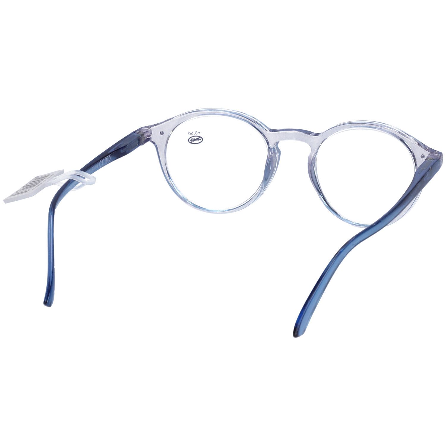 Occhiali blu con lenti rotonde. +3,50 sulla lente destra. Senza custodia.