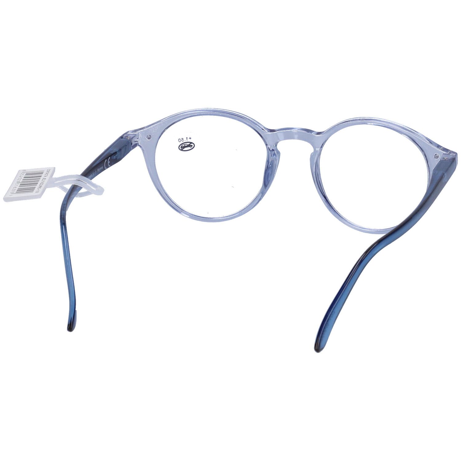 Occhiali blu con lenti rotonde. "+1.50" è scritto su una lente. Aste e montatura blu. Un'etichetta è attaccata.
