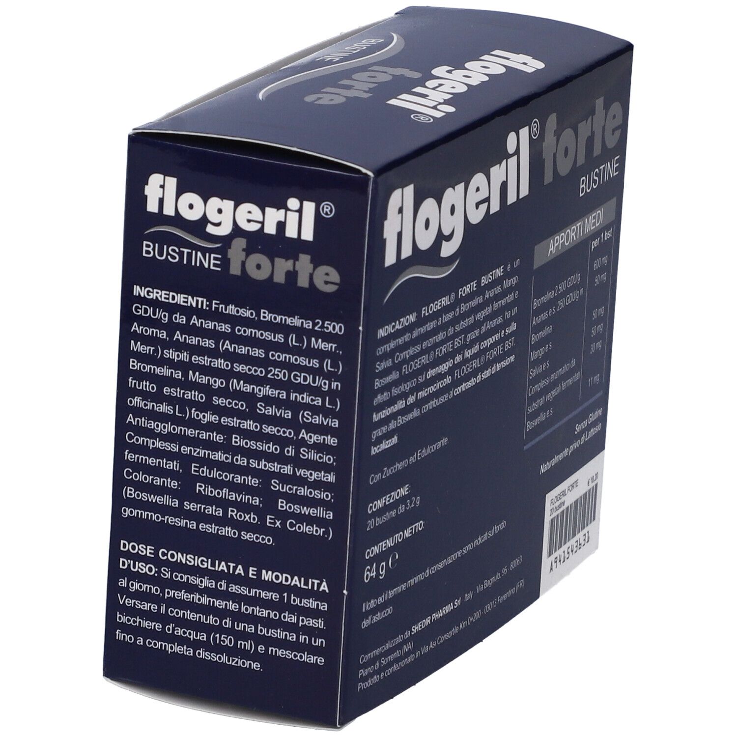 Scatola blu scuro, Flogeril forte. Testo: Bustine, ingredienti, dosaggio, 20 bustine, 64g.