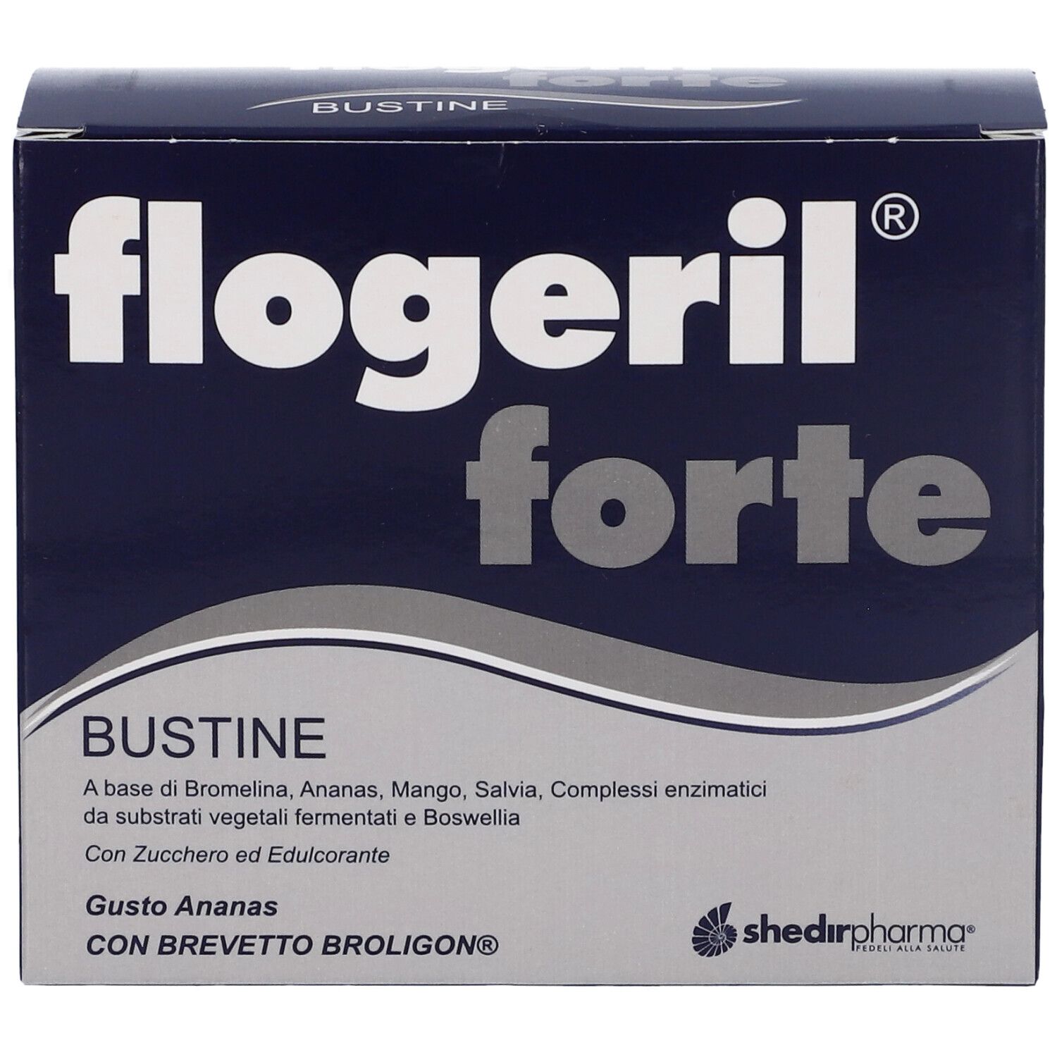 Scatola blu scuro con scritta bianca Flogeril forte. Testo: Bustine, Gusto Ananas, con ingredienti e Brevetto Broligon.