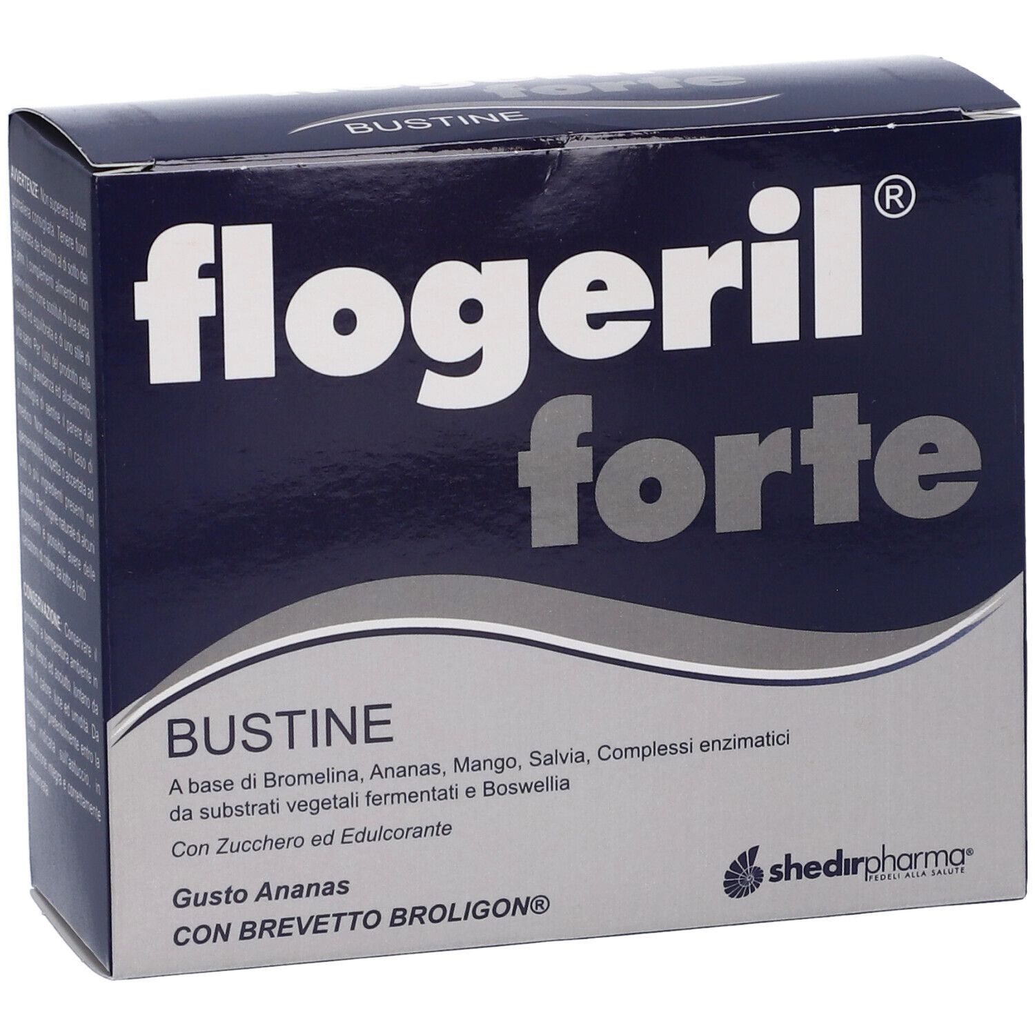 Scatola blu scuro con scritta bianca Flogeril forte. Testo: Bustine, Gusto Ananas, con ingredienti e Brevetto Broligon.
