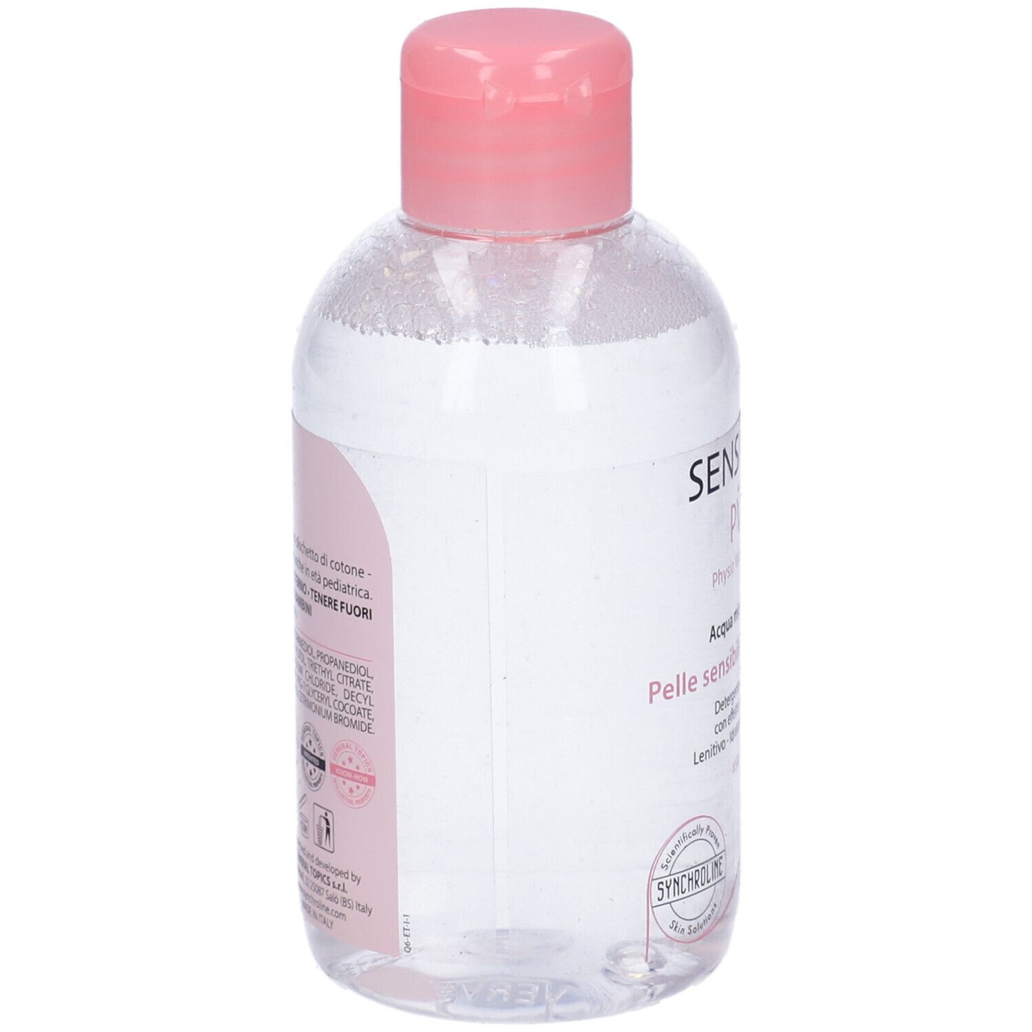 Flacone trasparente con tappo rosa. Scritta: Sensicure PWS. Retro con testo e loghi. 250 ml.