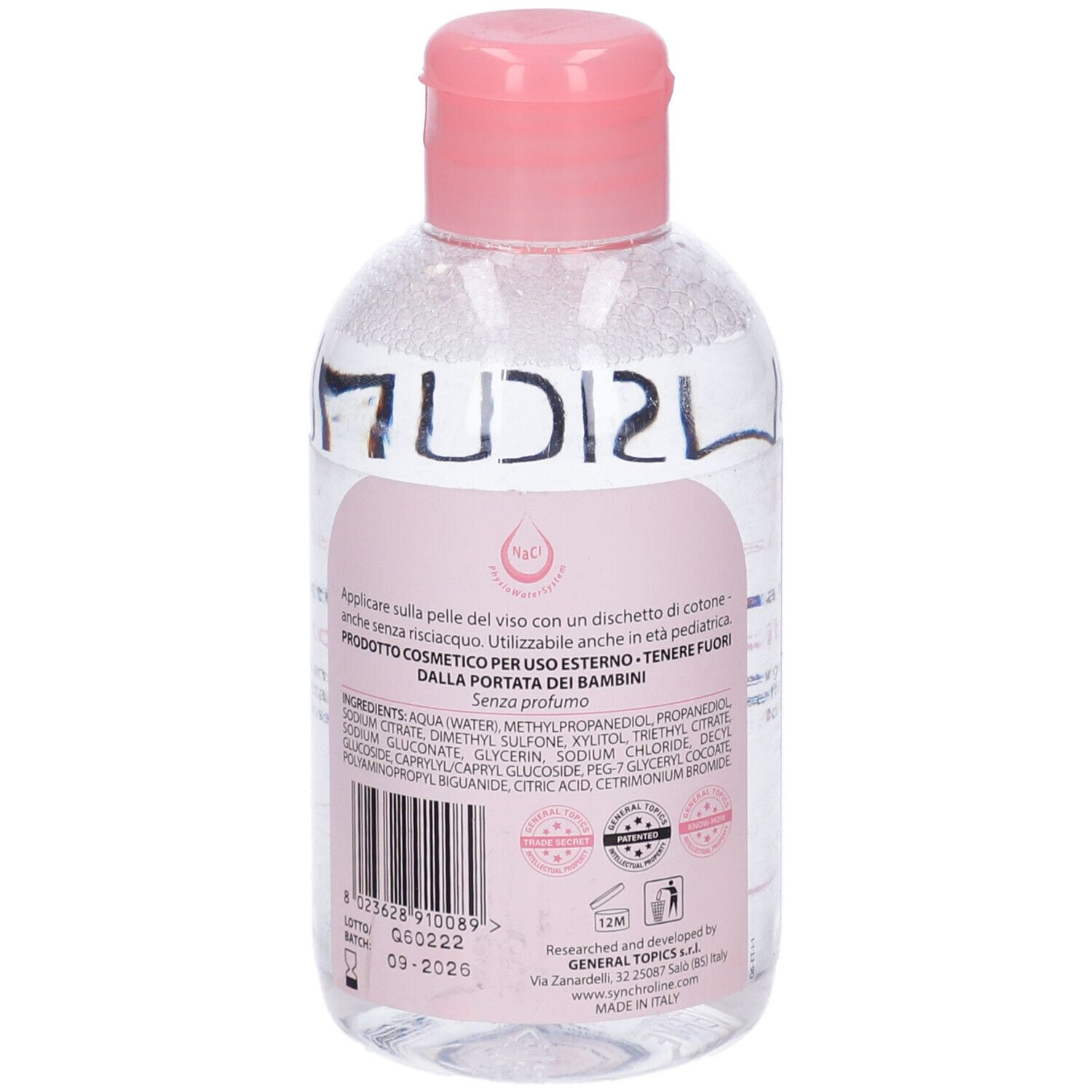 Flacone trasparente con tappo rosa. Retro con testo e loghi. Ingredienti e istruzioni per l'uso. 250 ml.