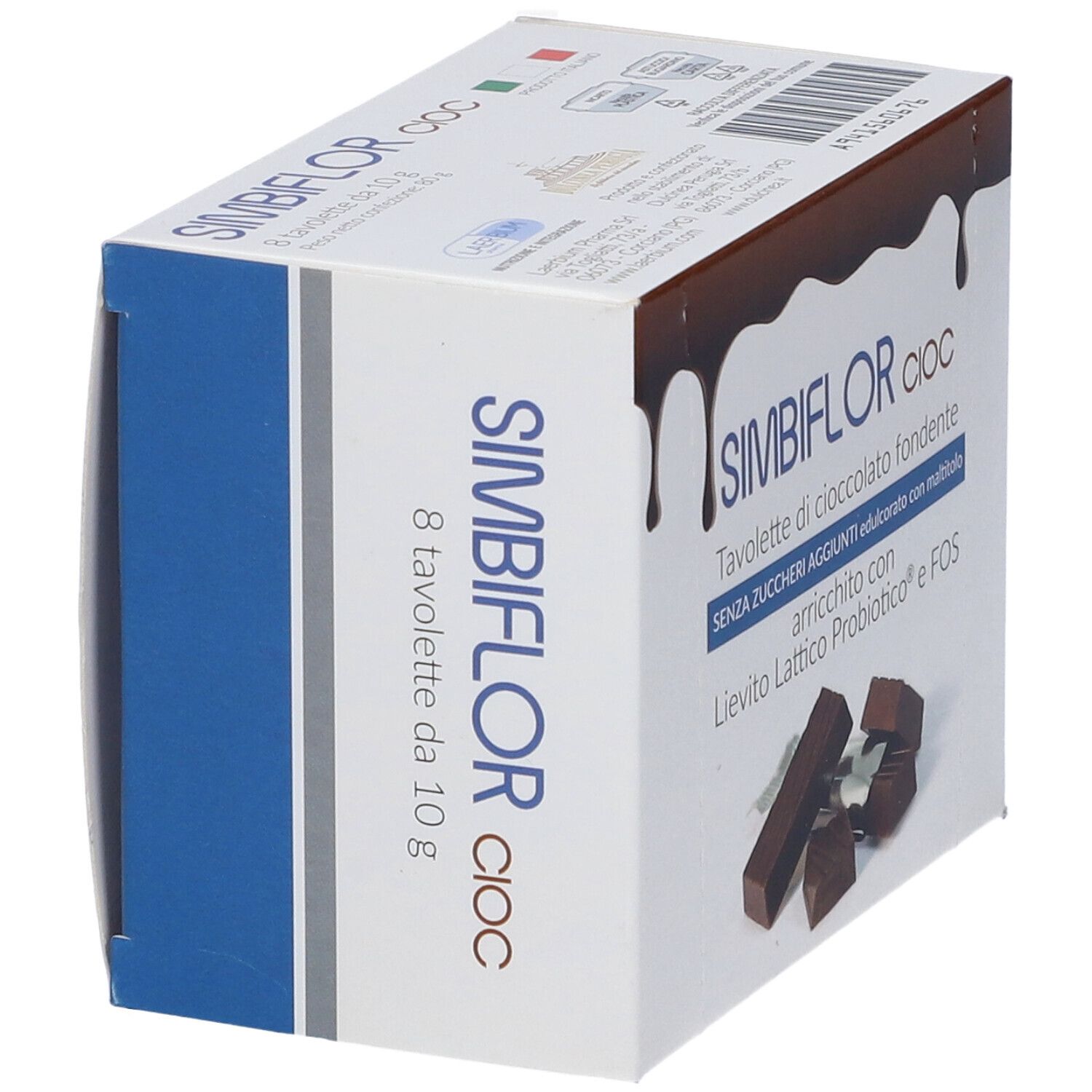 Scatola Simbiflor Cioc. Testo: 8 Tavolette da 10 g. Pezzi di cioccolato. Elementi blu e marroni.
