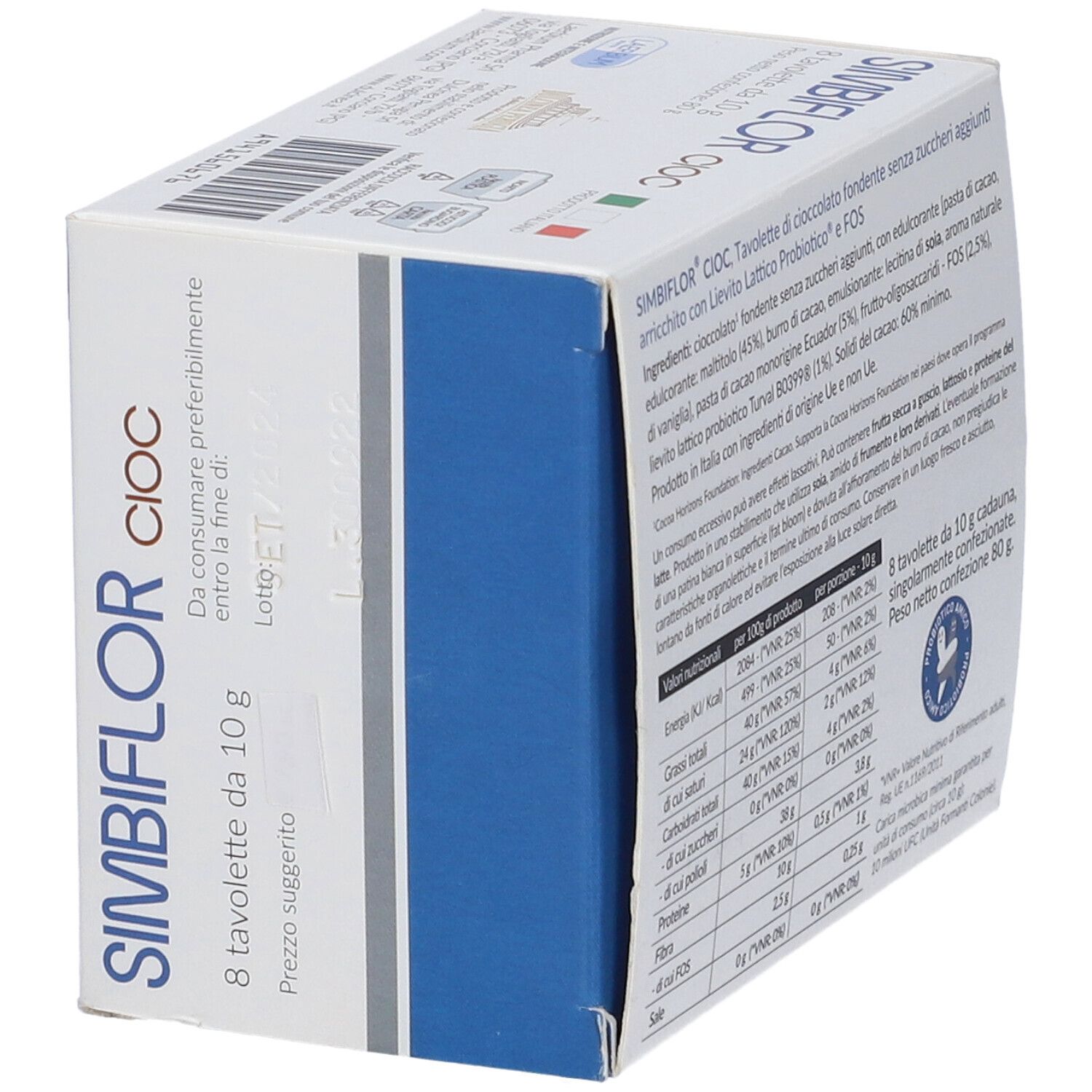 Scatola Simbiflor Cioc. Testo: 8 Tavolette da 10 g. Elementi blu e marroni. Pezzi di cioccolato.