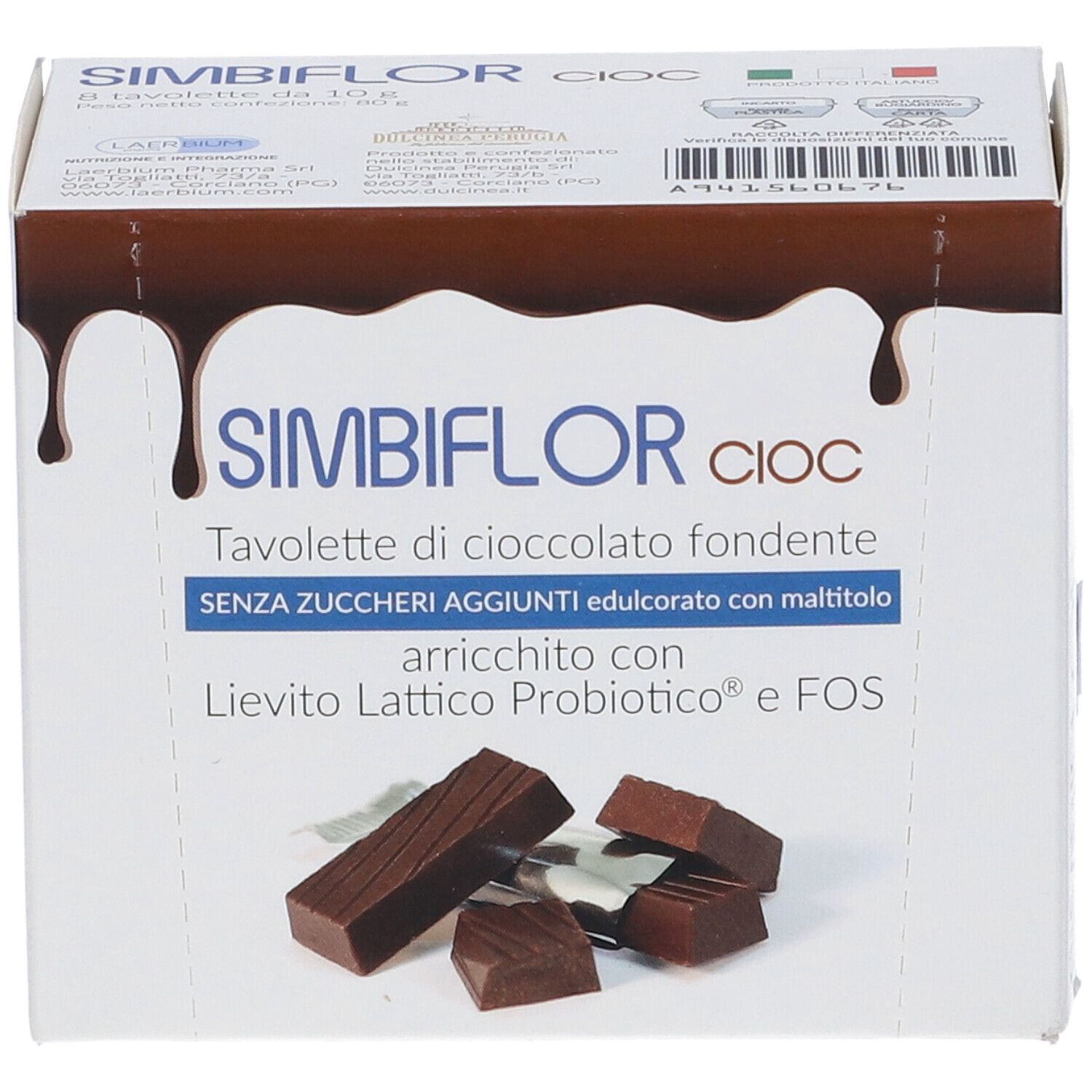 Scatola Simbiflor Cioc. Testo: Tavolette di cioccolato fondente. Pezzi di cioccolato. Gocce marroni.