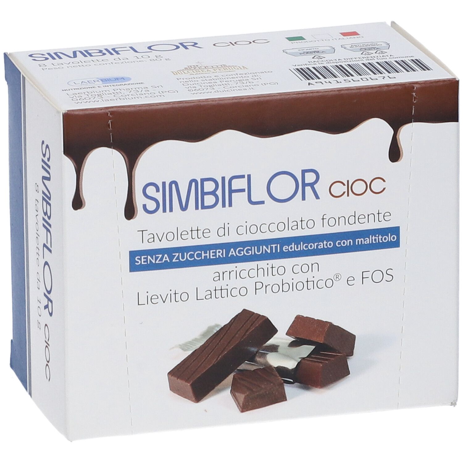 Scatola Simbiflor Cioc. Testo: Tavolette di cioccolato fondente. Pezzi di cioccolato. Gocce marroni.