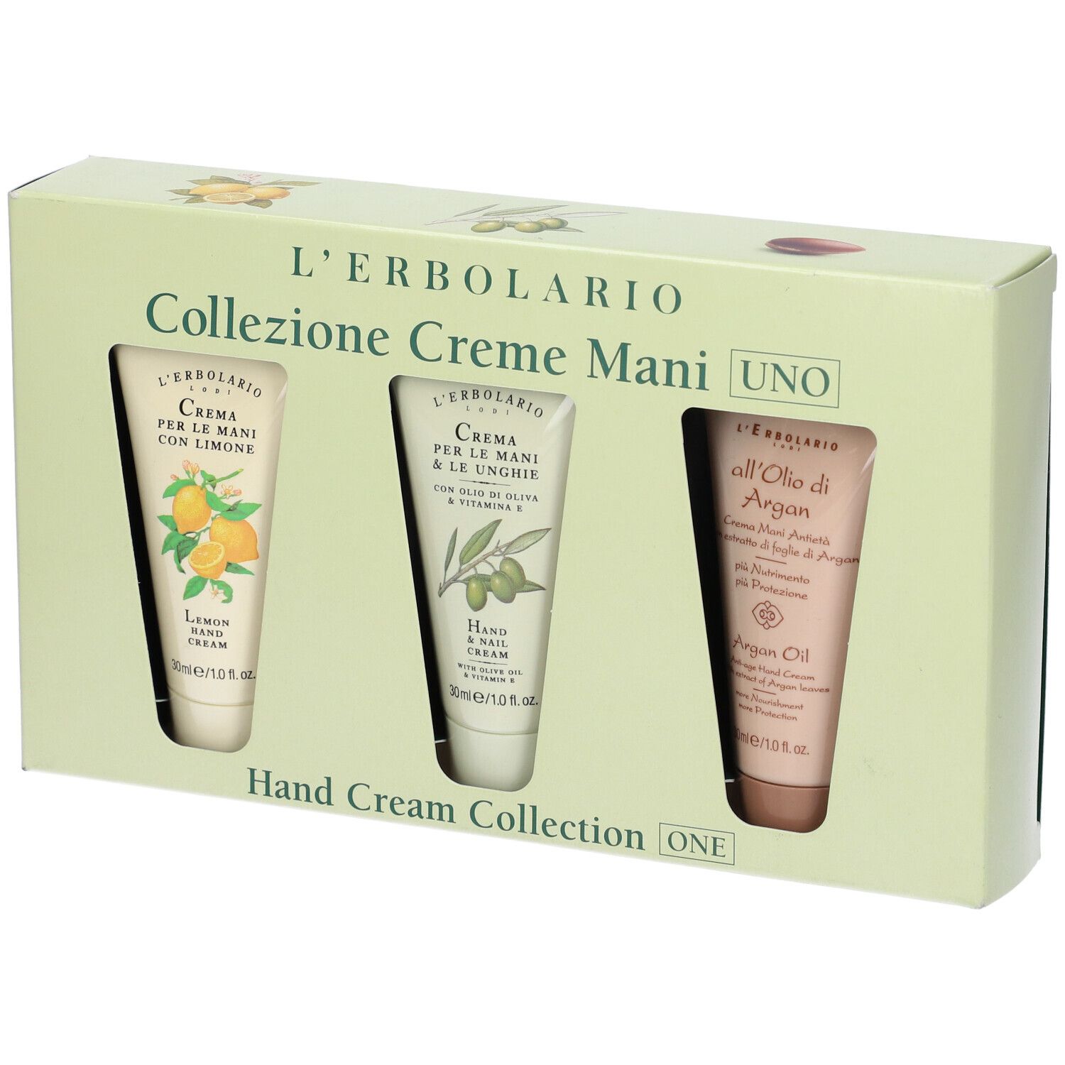 Creme Mani Uno Collezione Con Crema Mani Limone 30 Ml + Crema Mani E Unghie Olio D'Oliva 30 Ml + All'Olio Di Argan Crema Mani 30 Ml