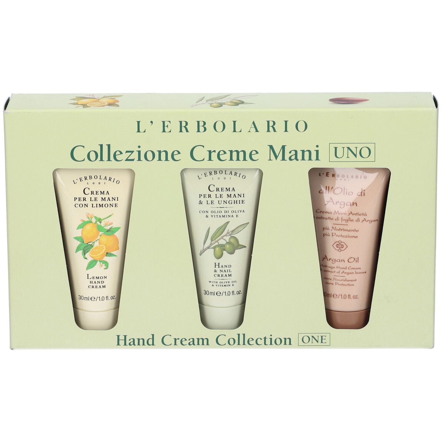 Creme Mani Uno Collezione Con Crema Mani Limone 30 Ml + Crema Mani E Unghie Olio D'Oliva 30 Ml + All'Olio Di Argan Crema Mani 30 Ml