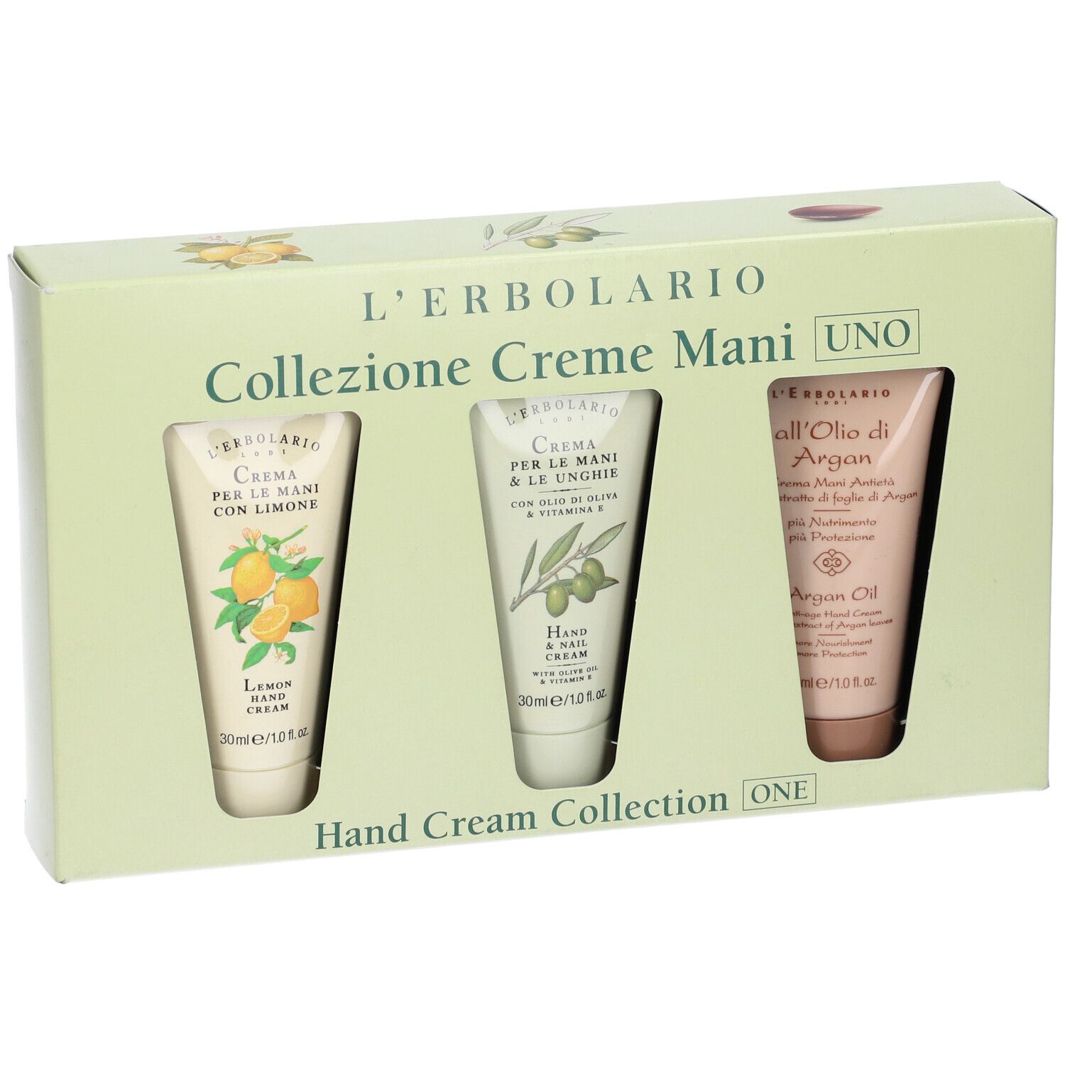 Creme Mani Uno Collezione Con Crema Mani Limone 30 Ml + Crema Mani E Unghie Olio D'Oliva 30 Ml + All'Olio Di Argan Crema Mani 30 Ml