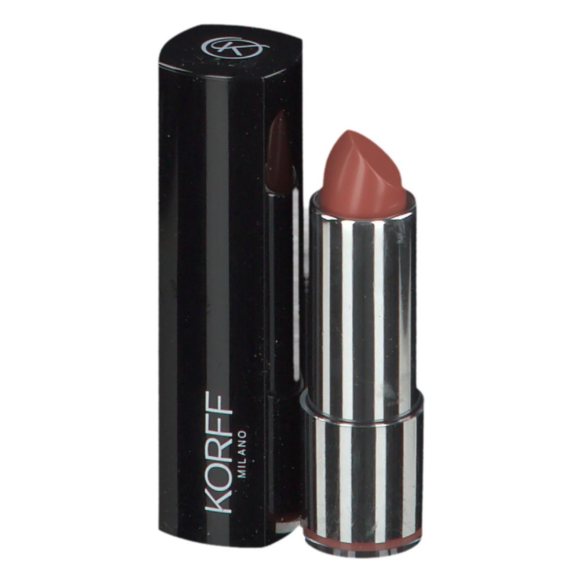 Rossetto marrone, corpo argento, cappuccio nero. Logo KORFF. Scritta KORFF MILANO.