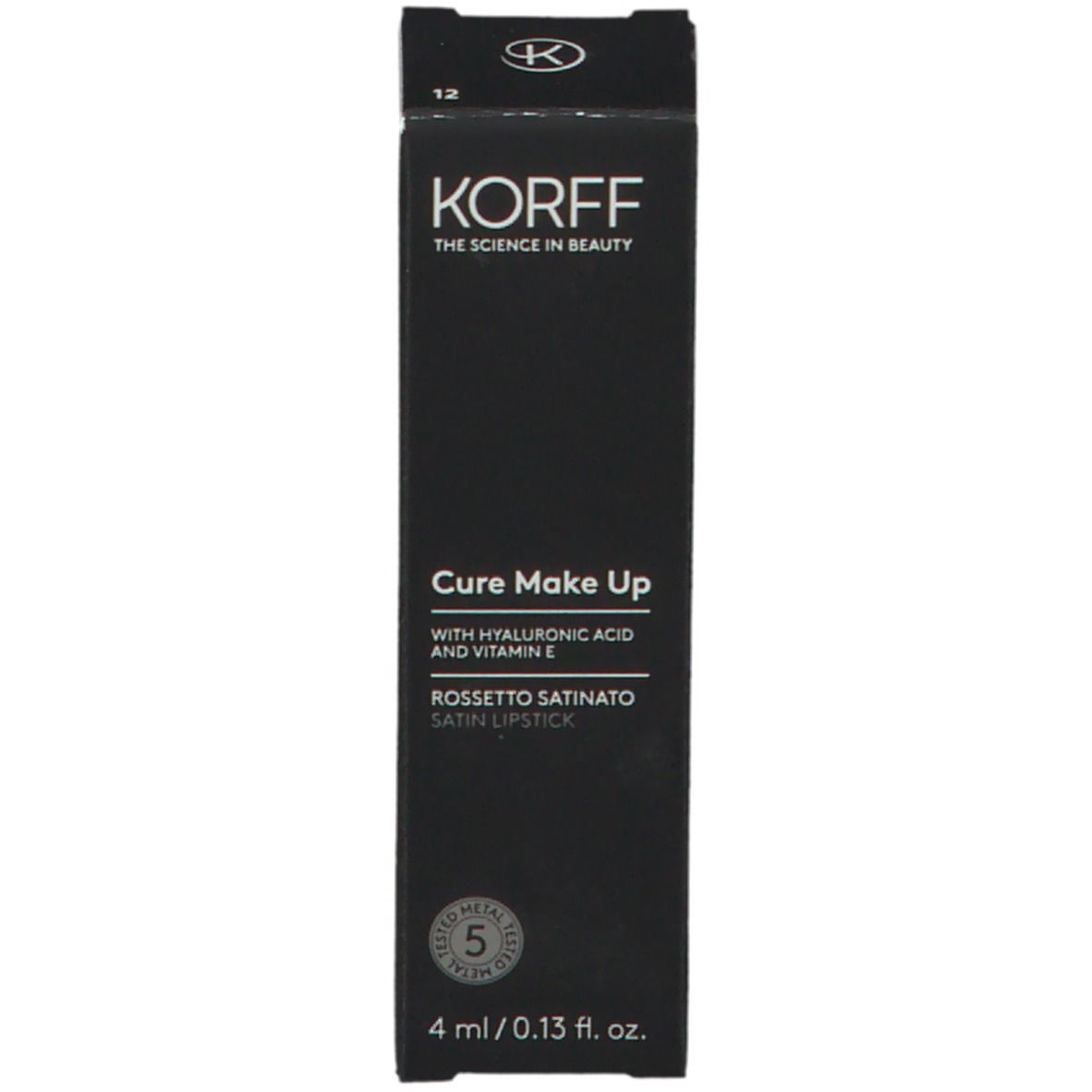 Confezione nera con logo KORFF e informazioni sul prodotto. Contiene Rossetto Satinato 12.