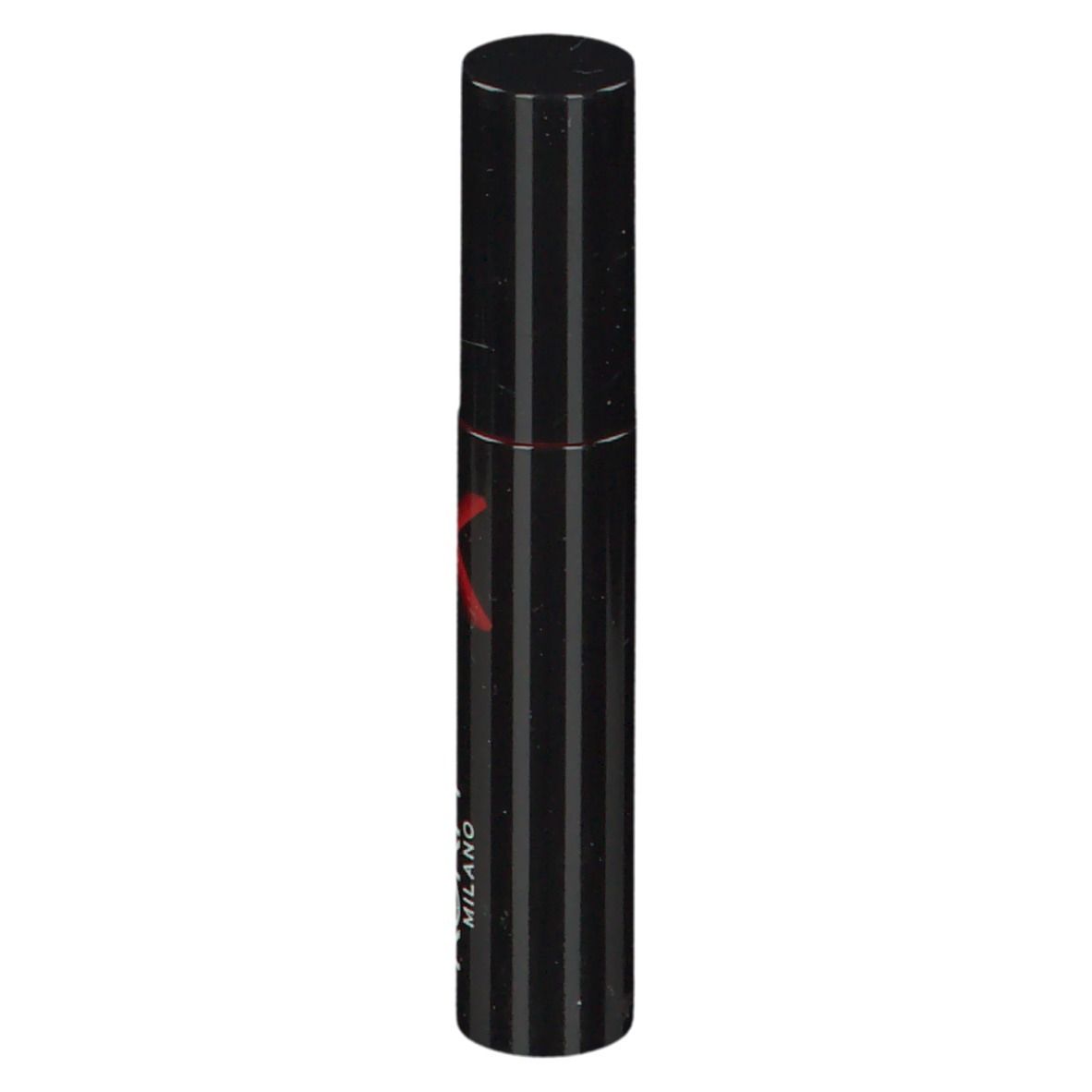 Tubo di rossetto nero a strisce verticali. Logo KORFF MILANO e 'K' rosso.