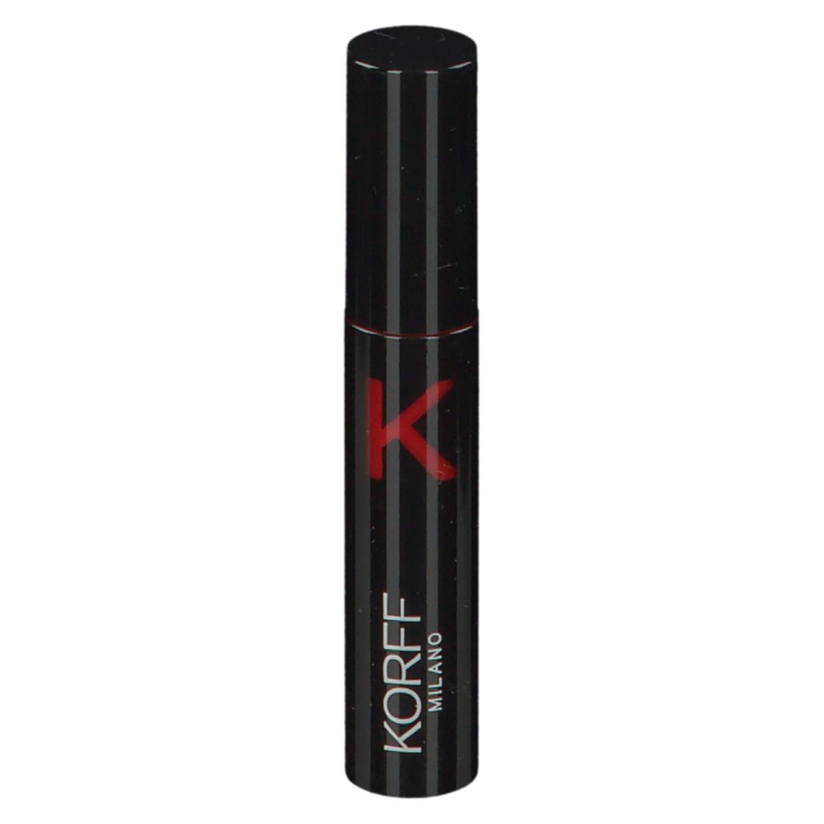 Tubo di rossetto nero a strisce verticali. Logo KORFF MILANO e 'K' rosso.