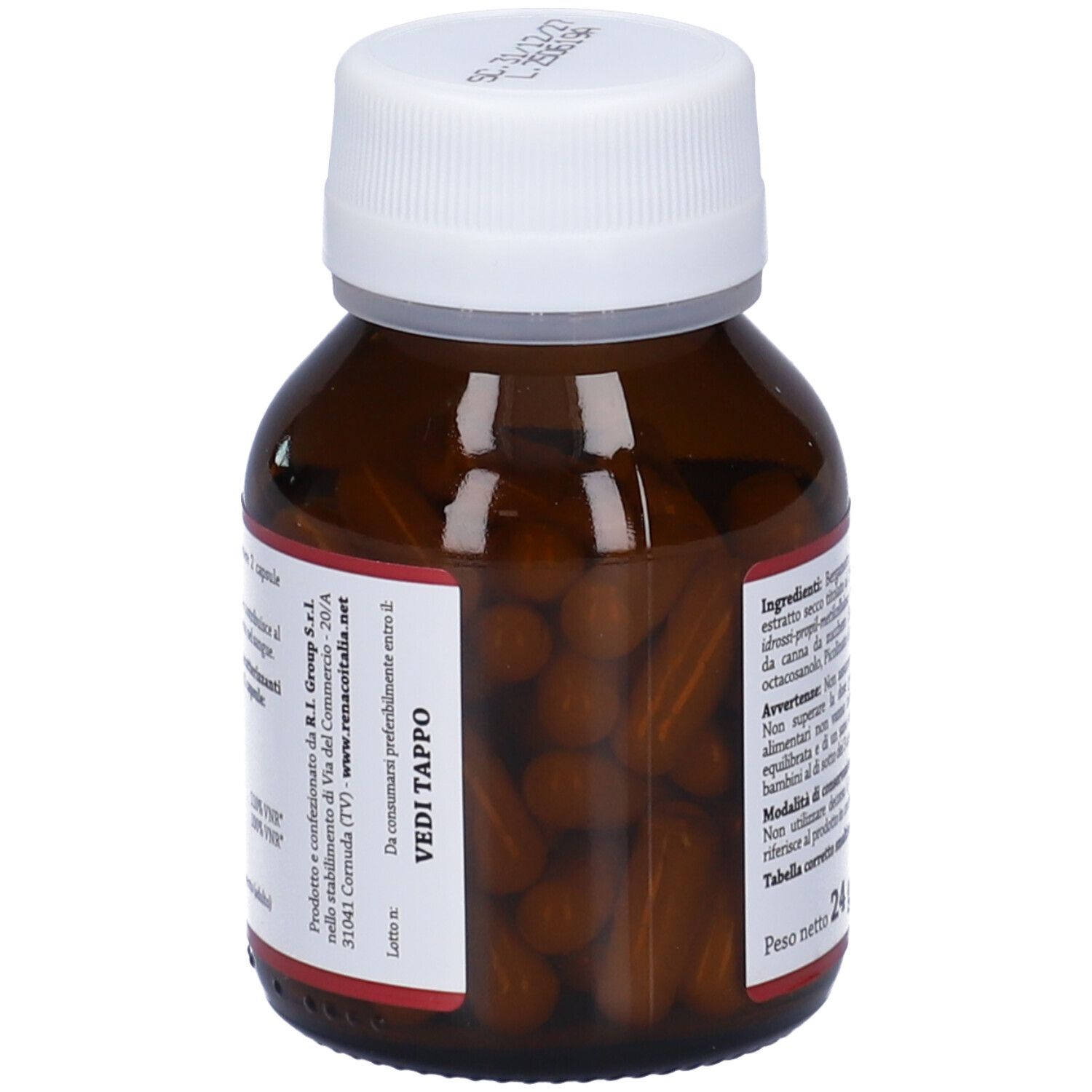 Flacone marrone con tappo bianco. Capsule visibili. Informazioni sulla produzione e sul produttore.