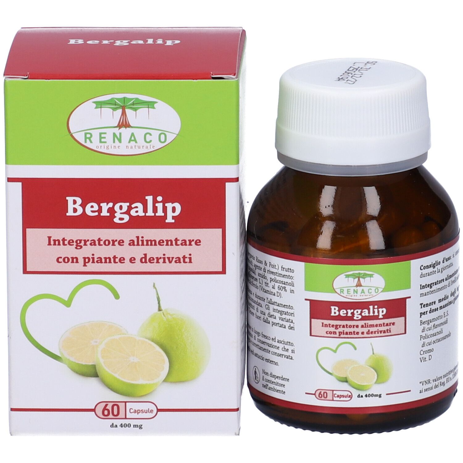 Capsule Bergalip e confezione. Flacone marrone e scatola rettangolare con nome e logo del prodotto. 60 capsule.