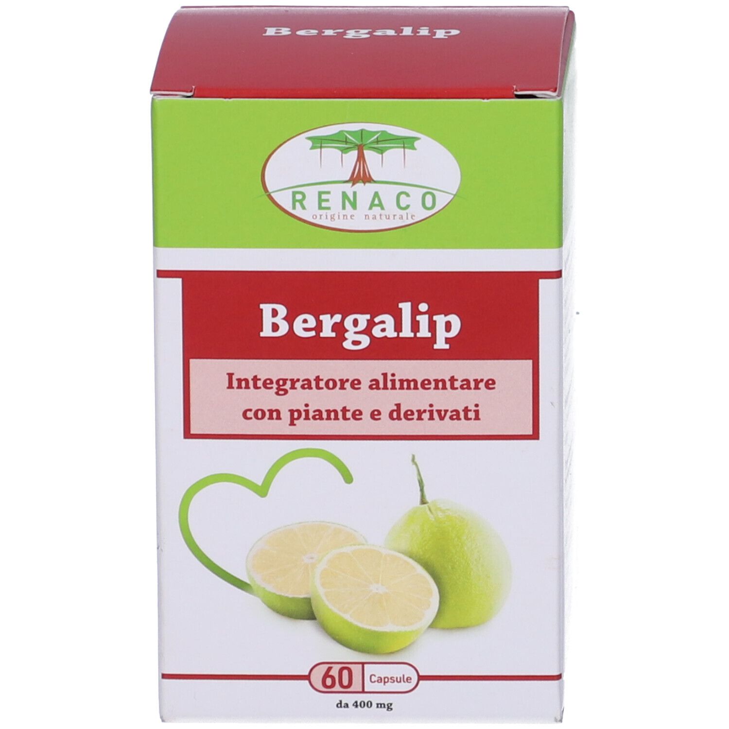 Scatola rettangolare con nome del prodotto, logo e 60 capsule. Design verde-rosso-bianco. Illustrazione di limoni.