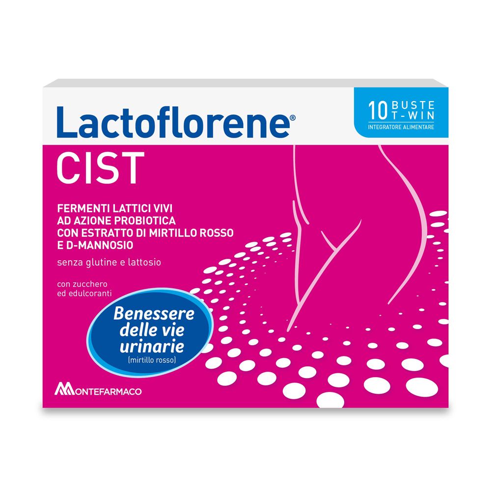 Confezione Lactoflorene® Cist. Rosa e bianco. 10 bustine. Contiene fermenti lattici vivi, mirtillo rosso e D-mannosio.