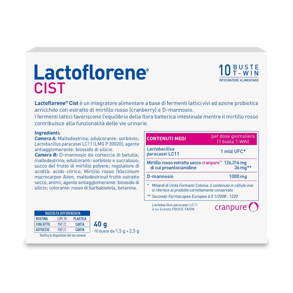 Retro della confezione Lactoflorene® Cist. Ingredienti e informazioni nutrizionali. 10 bustine. 40g.