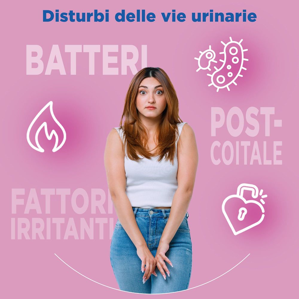 Donna con sintomi di disturbi urinari. Simboli: batteri, infiammazione, post-coitale, fattori irritanti.