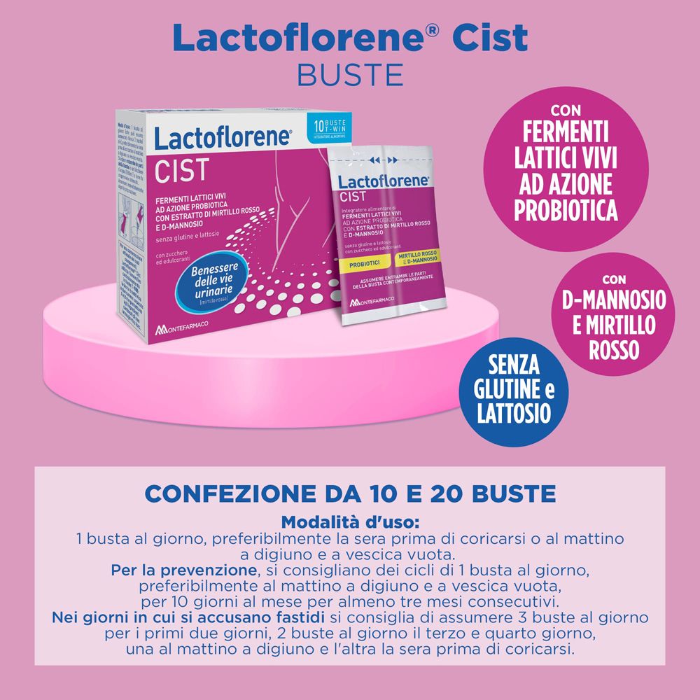 Confezione Lactoflorene® Cist. 10 o 20 bustine. Istruzioni per l'uso. Contiene fermenti lattici vivi.