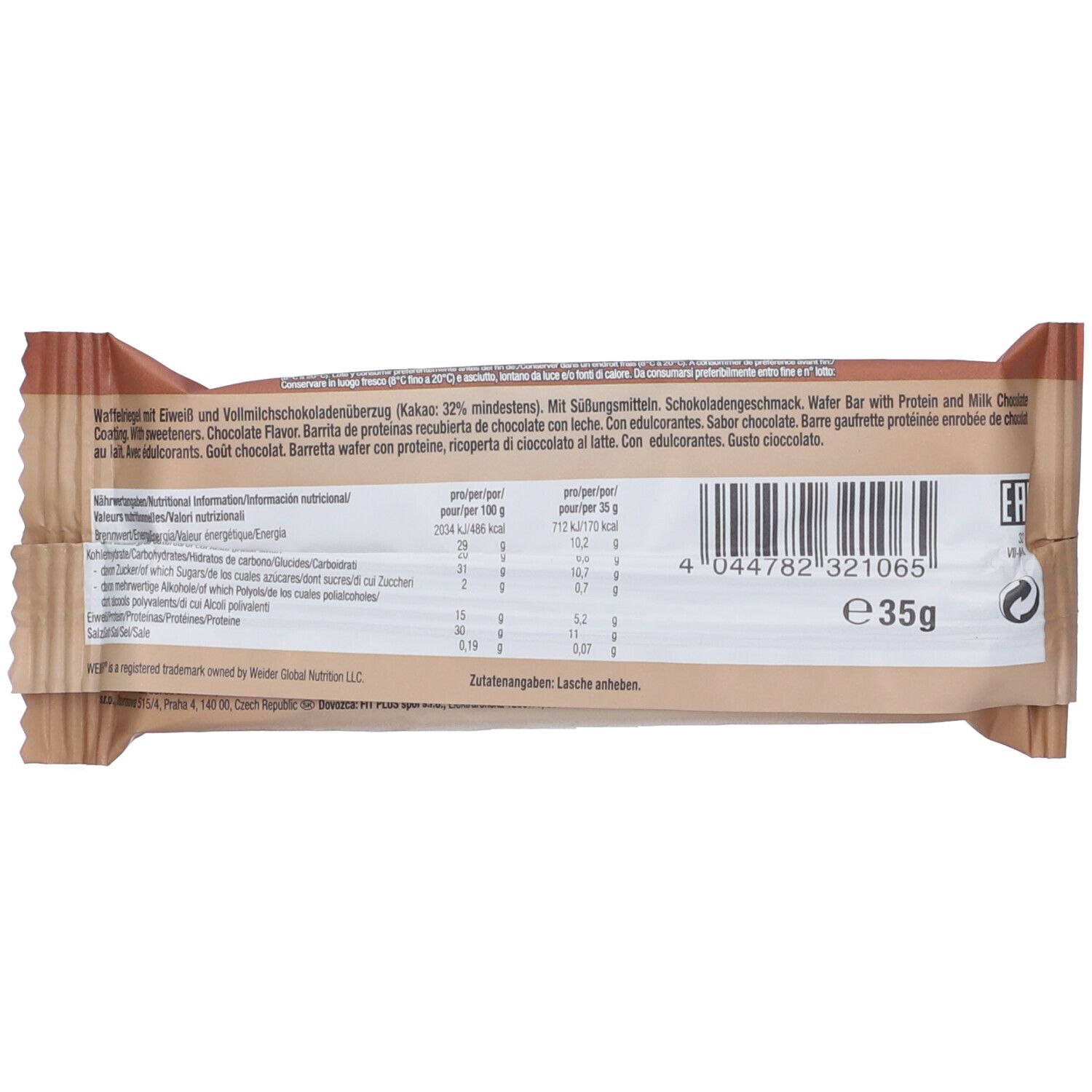 Retro della confezione della barretta Weider Whey-Wafer. Contiene informazioni nutrizionali e testo multilingue. Peso: 35g.