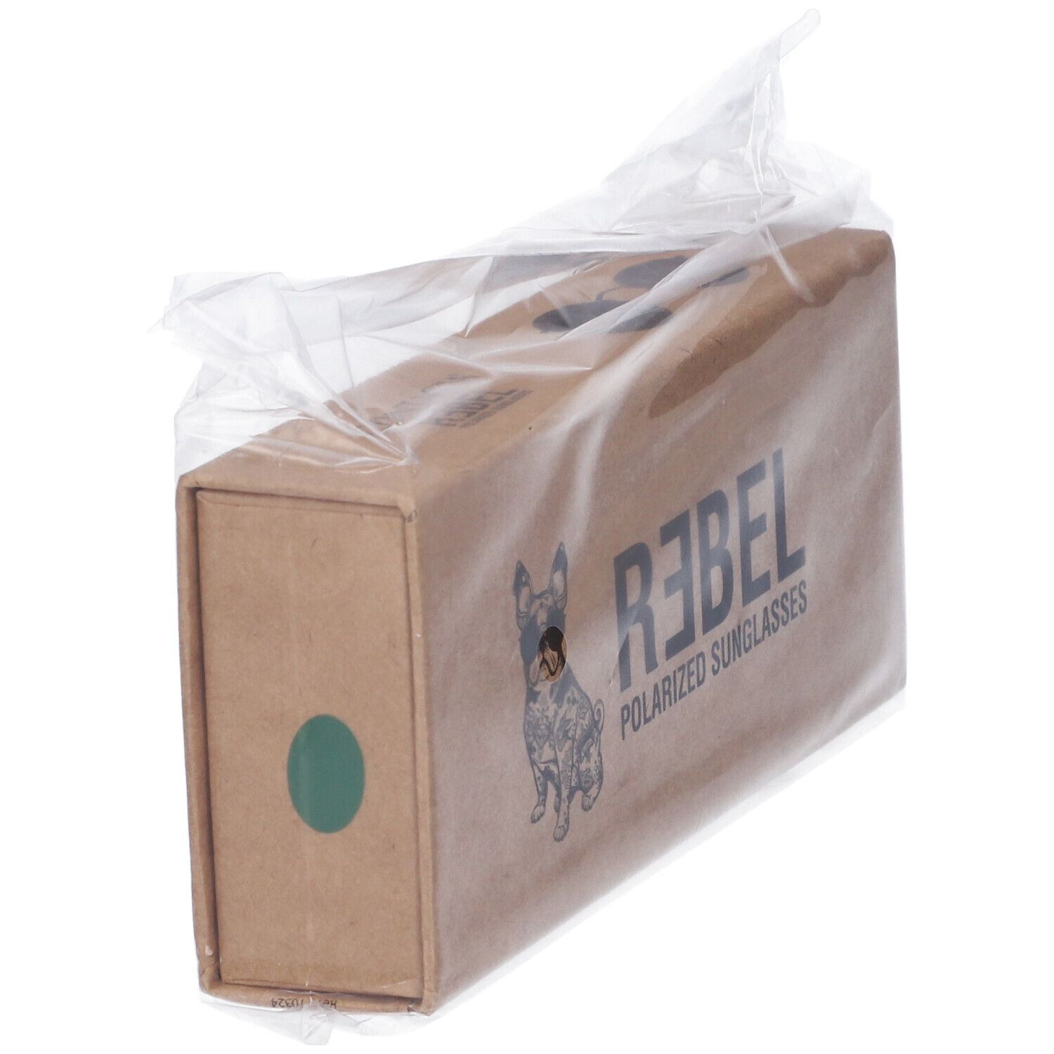 Scatola di cartone marrone con cerchio verde. Logo REBEL e cane. Confezionata in plastica.
