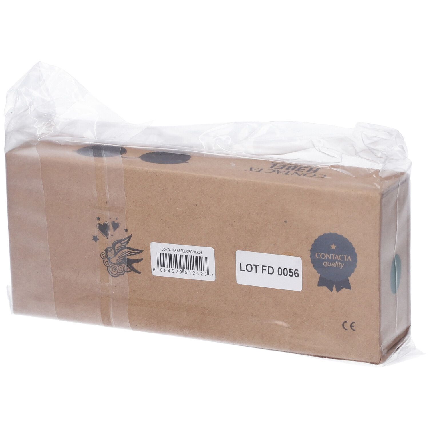 Scatola di cartone marrone con adesivi e logo. Scritta: CONTACTA quality. Confezionata in plastica.