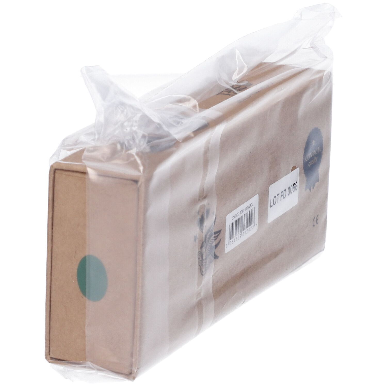 Scatola di cartone marrone con cerchio verde e adesivi. Confezionata in plastica.