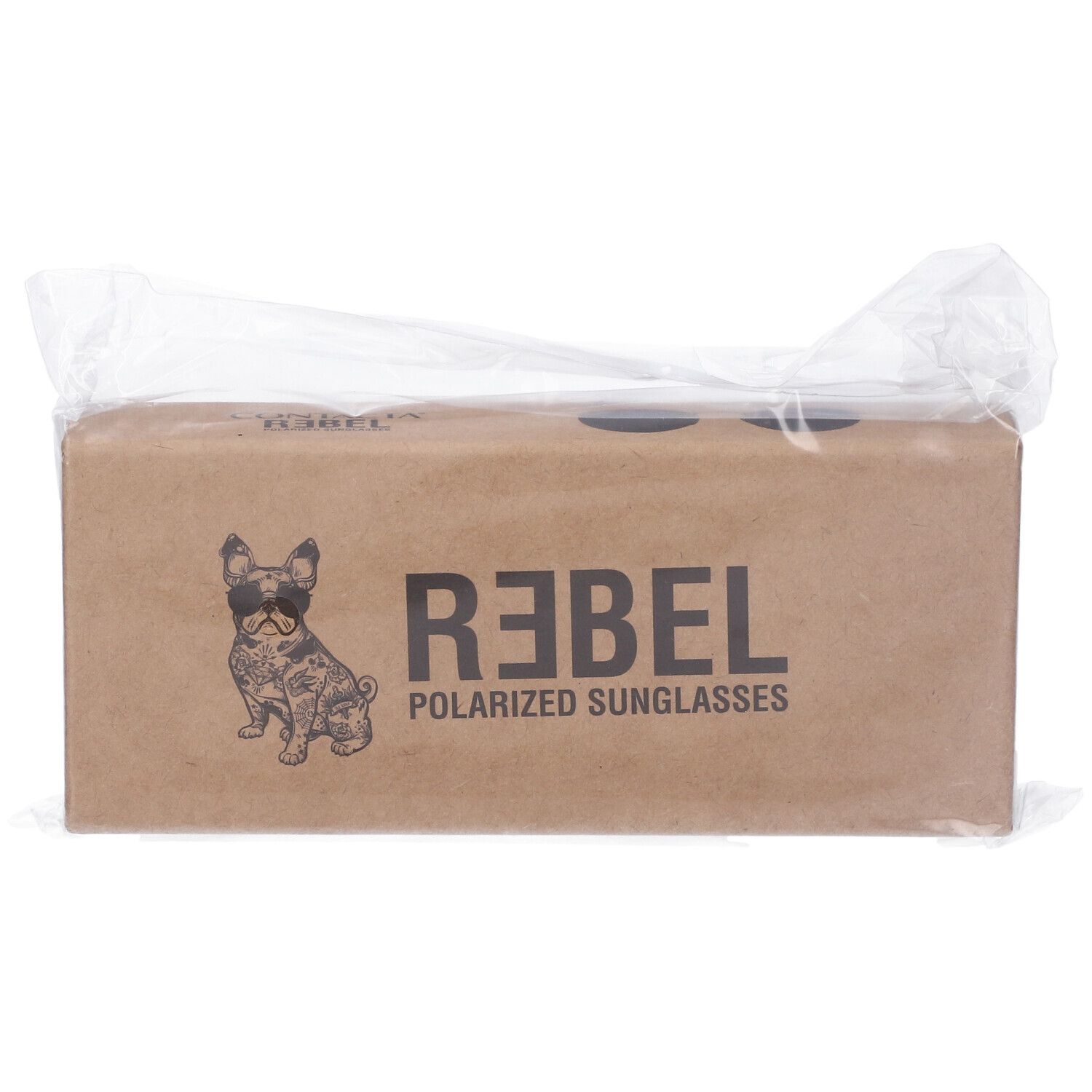 Scatola di cartone marrone con logo REBEL e cane. Scritta: POLARIZED SUNGLASSES. Confezionata in plastica.