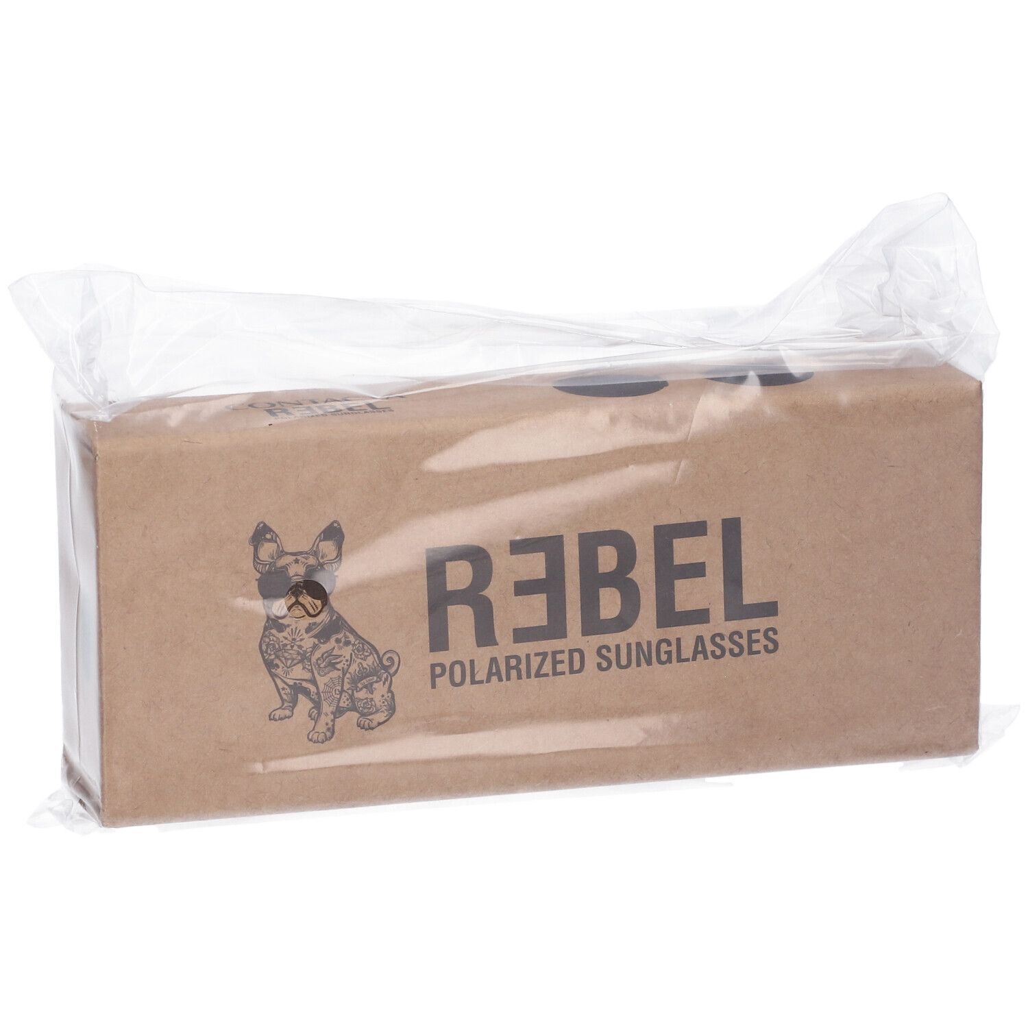 Scatola di cartone marrone con logo REBEL e cane. Scritta: POLARIZED SUNGLASSES. Confezionata in plastica.