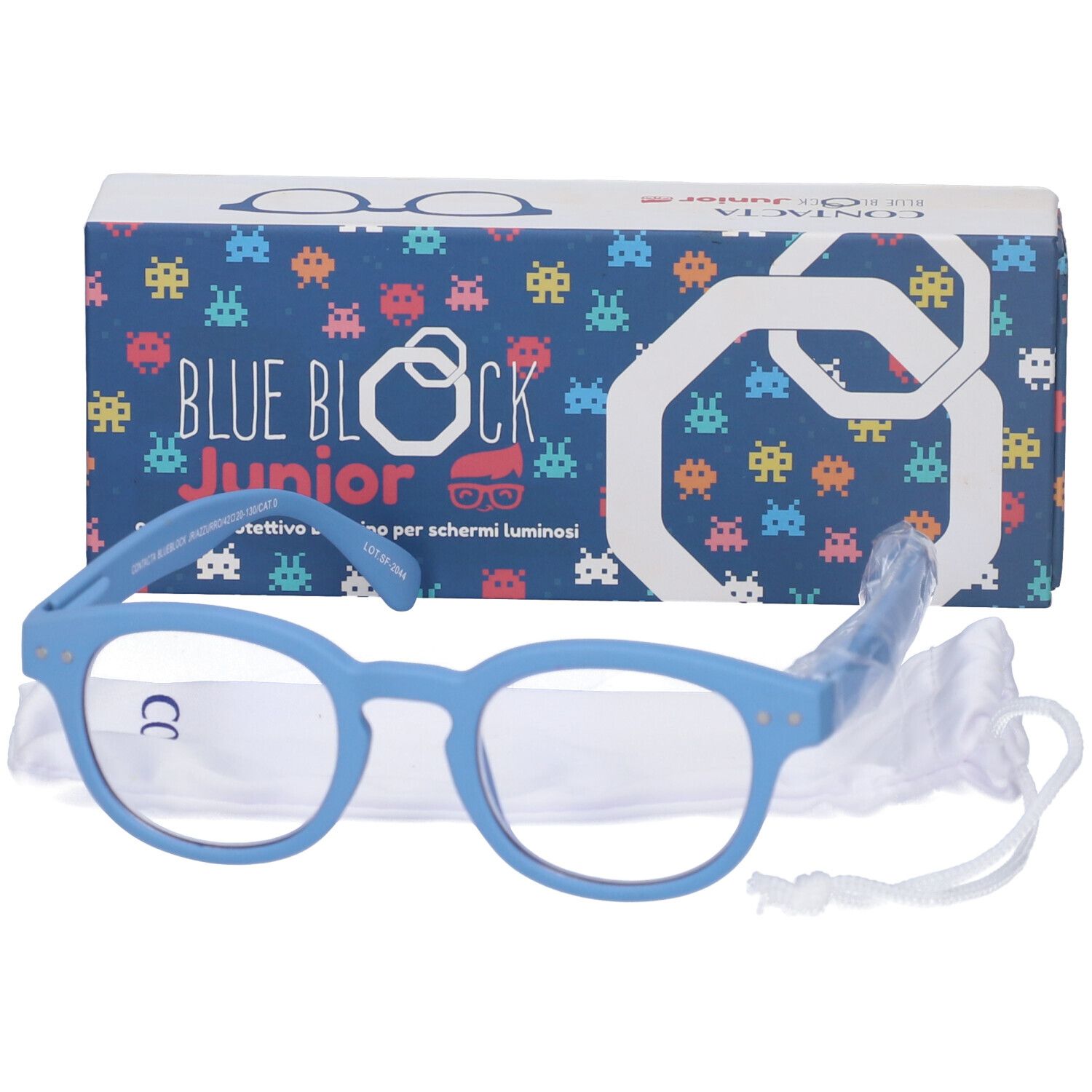Occhiali blu con custodia e confezione. 'BLUE BLOCK JUNIOR' sulla confezione. Occhiali con lenti rotonde.