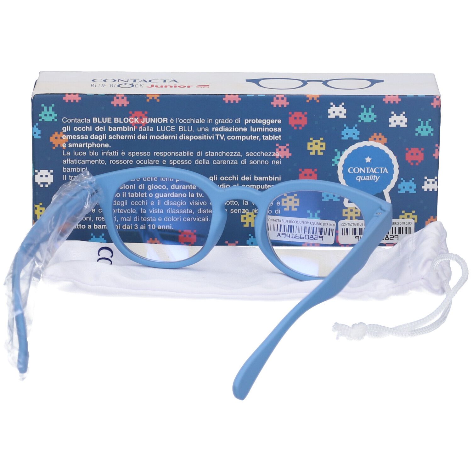 Occhiali blu con custodia e confezione. 'CONTACTA' sulla confezione. Occhiali con lenti rotonde.