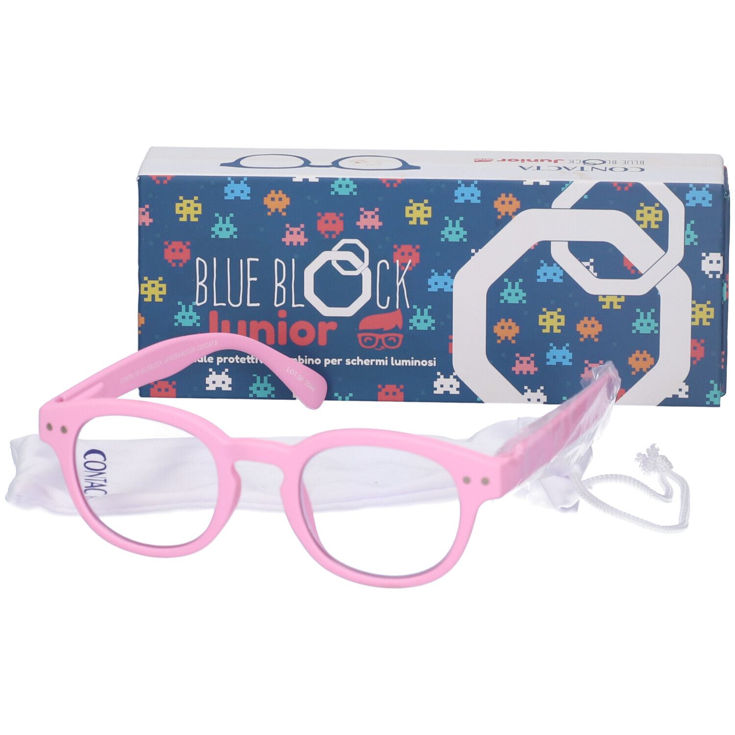 Occhiali rosa, lenti rotonde, in confezione. Scatola blu con testo. Sacchetto bianco.