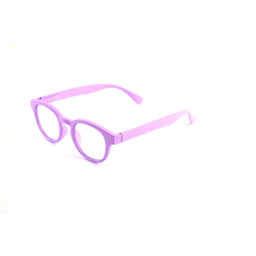 Occhiali rosa per bambini, vista laterale. Lenti trasparenti con protezione luce blu.
