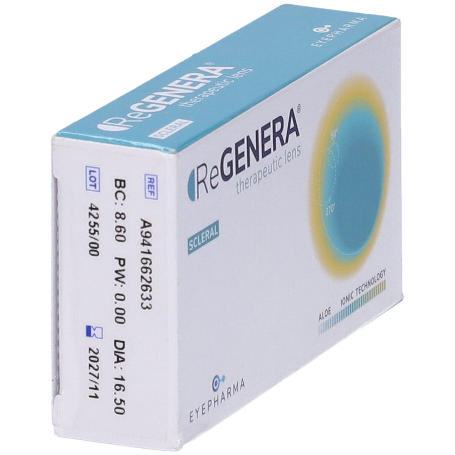 Scatola bianca con testo blu. Scritto: ReGENERA therapeutic lens SCLERAL. Informazioni prodotto e numero di lotto.