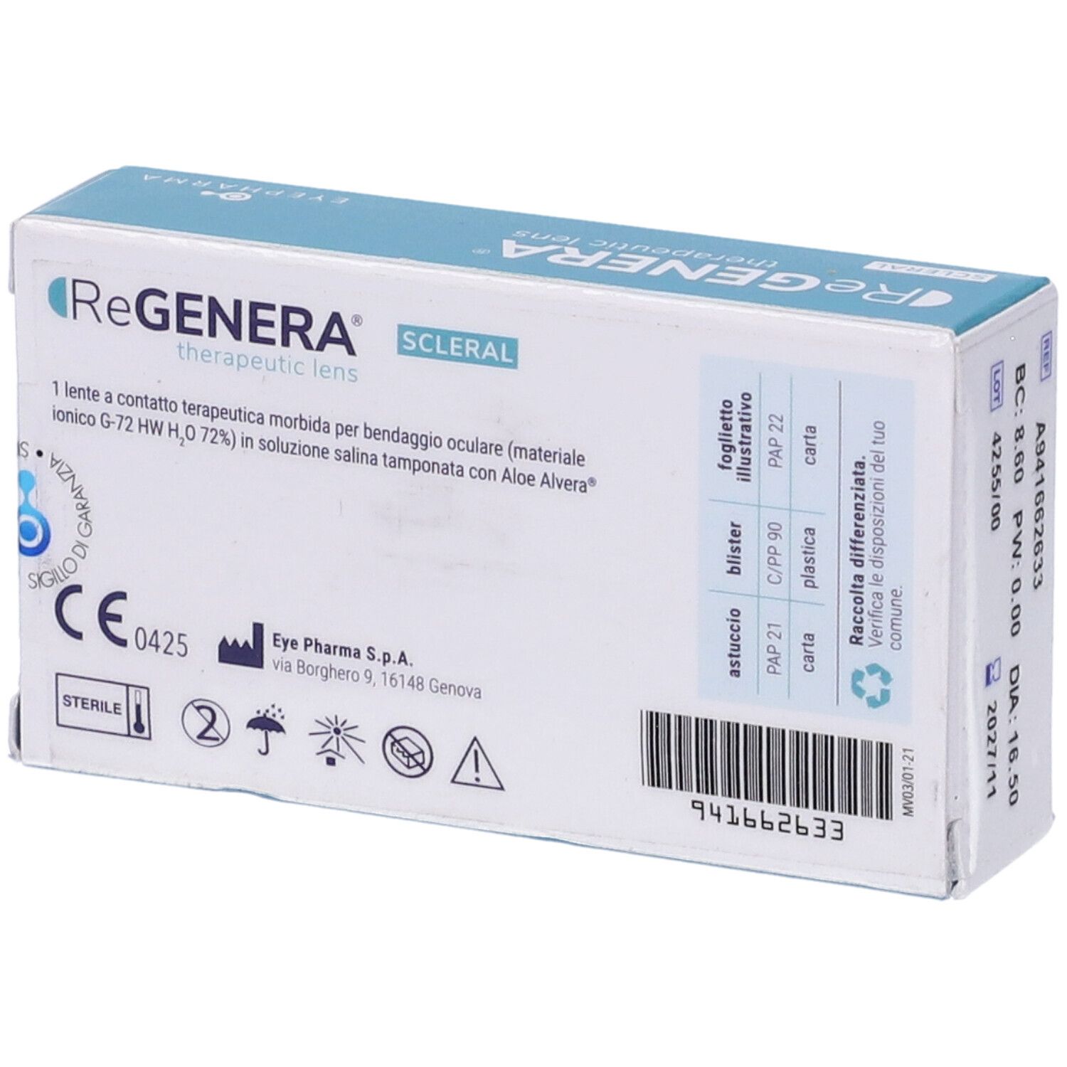 Retro della scatola bianca. Scritto: ReGENERA therapeutic lens SCLERAL. Informazioni prodotto, marchio CE.