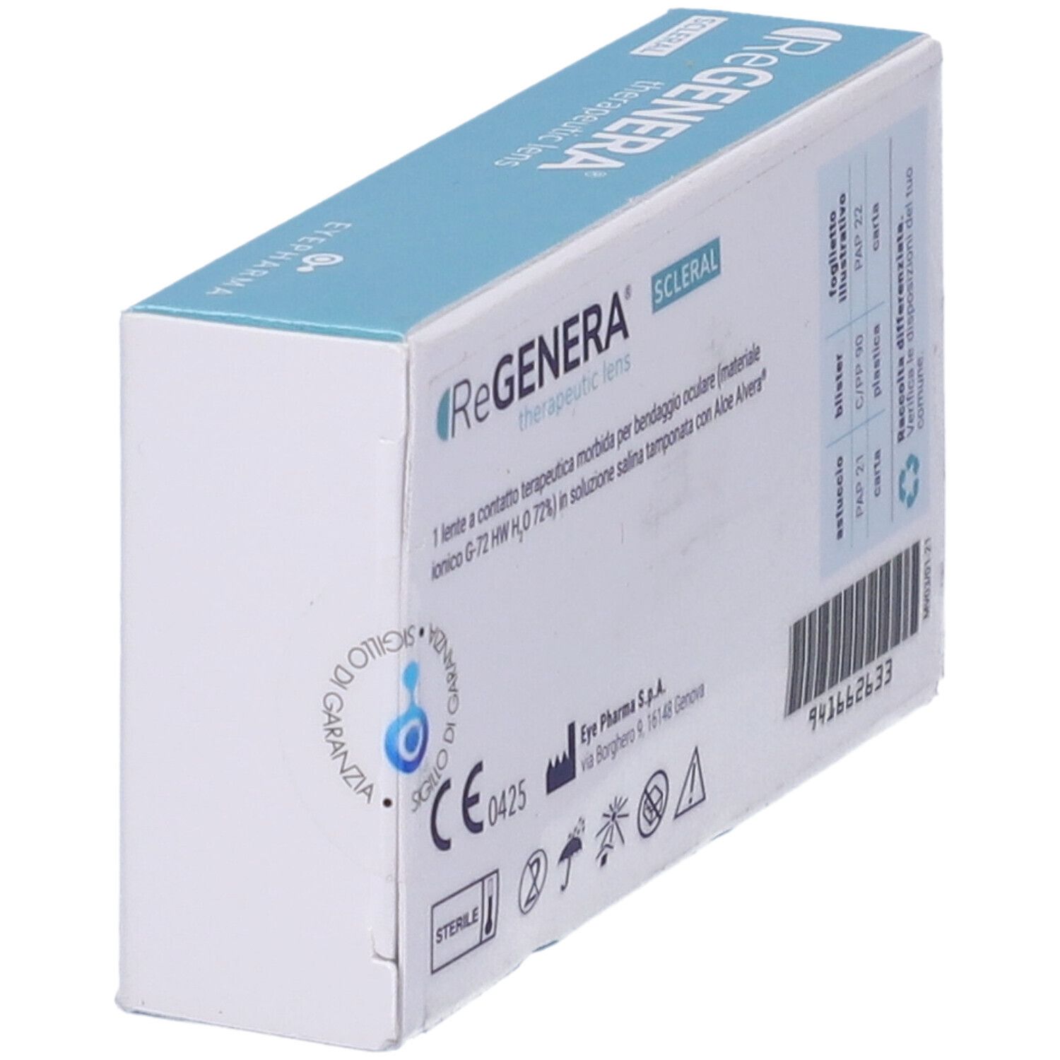 Scatola bianca con testo blu. Scritto: ReGENERA therapeutic lens SCLERAL. Marchio CE e logo.