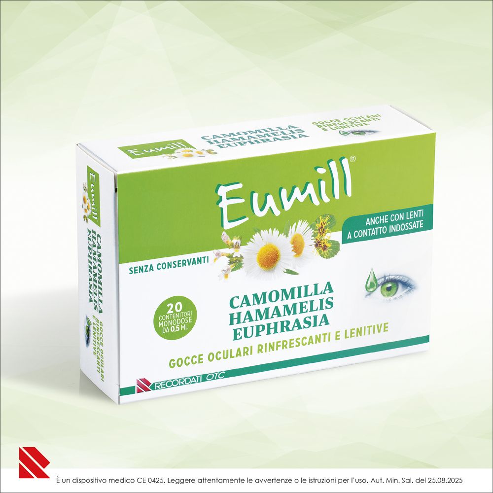 Eumill Gocce Oculari: Confezione con camomilla, hamamelis ed euphrasia. 20 contenitori monodose.