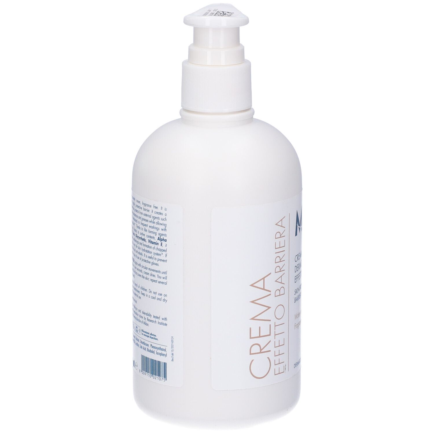 Flacone bianco con dosatore. Testo laterale: CREMA EFFETTO BARRIERA. Testo sul retro in italiano.