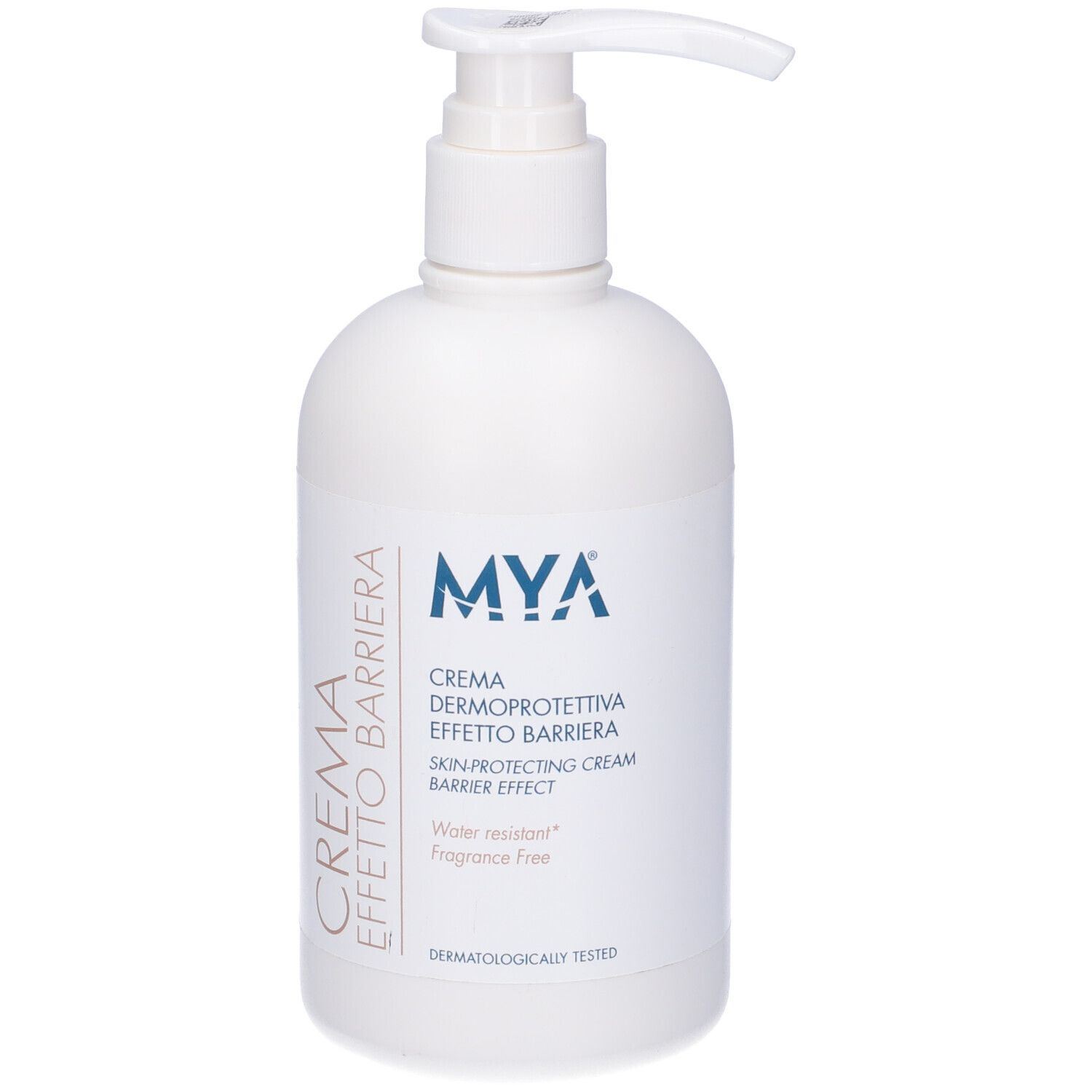 Flacone bianco con dosatore. Scritta: MYA, CREMA DERMOPROTETTIVA EFFETTO BARRIERA, Skin-Protecting Cream, resistente all'acqua, senza profumo.