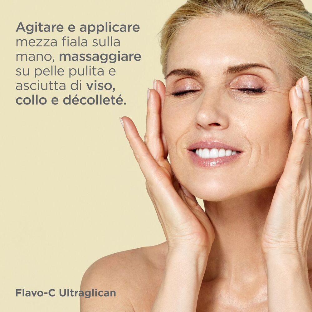 Donna con occhi chiusi, mani sul viso. Testo: Agitare e applicare... Flavo-C Ultraglican.