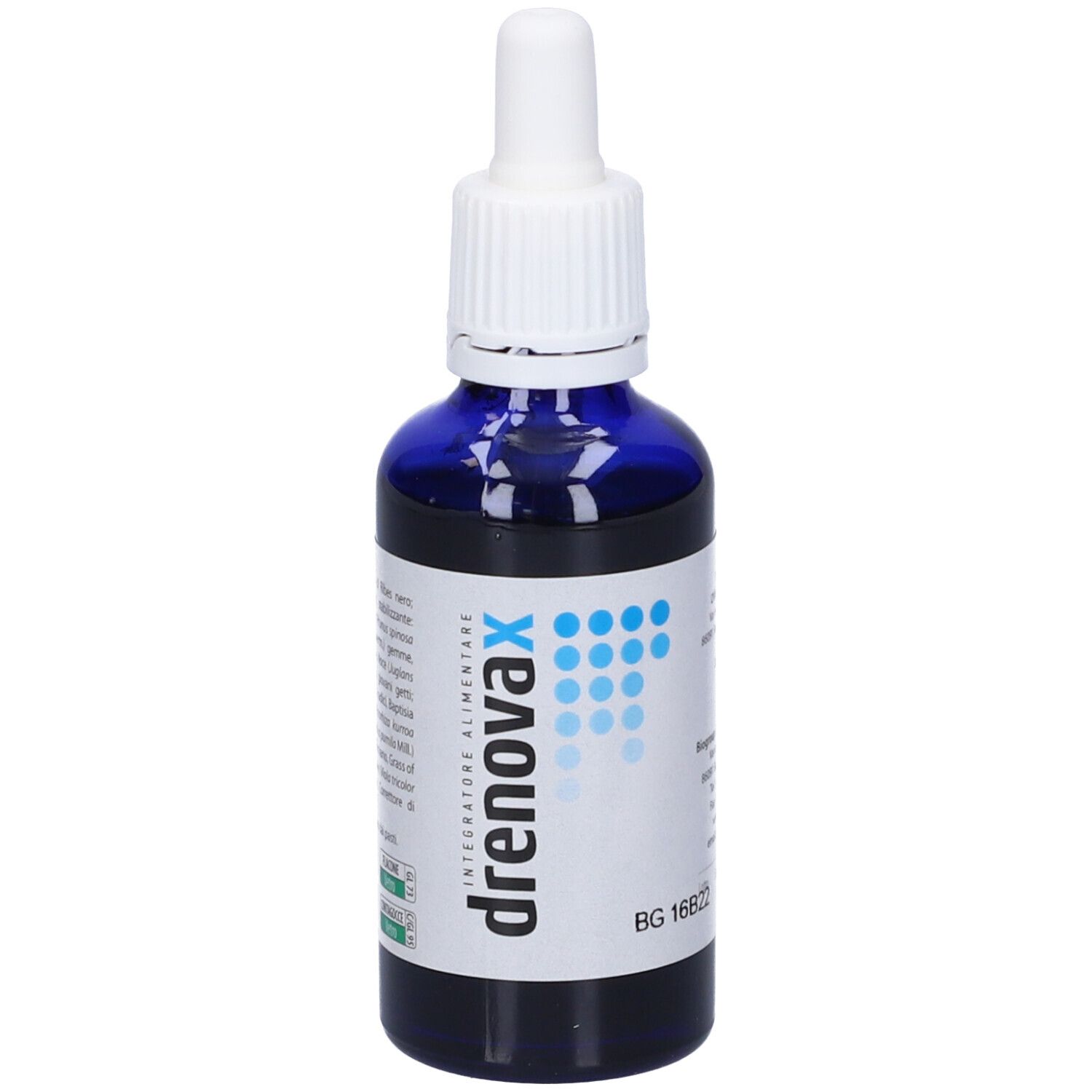 Flacone di vetro blu con contagocce bianco. Scritta 'drenovax'.