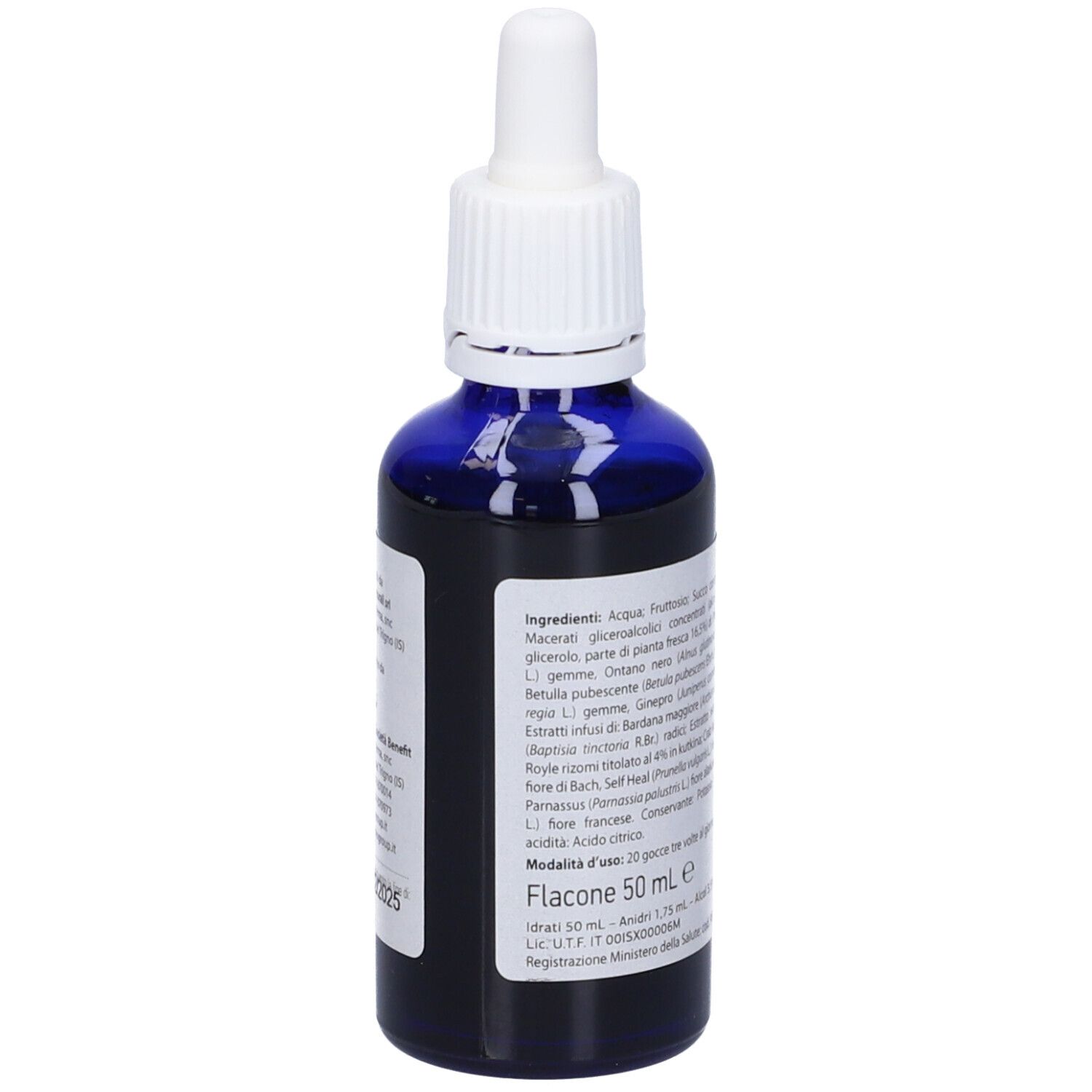 Flacone blu con contagocce bianco. Etichetta con ingredienti e testo.