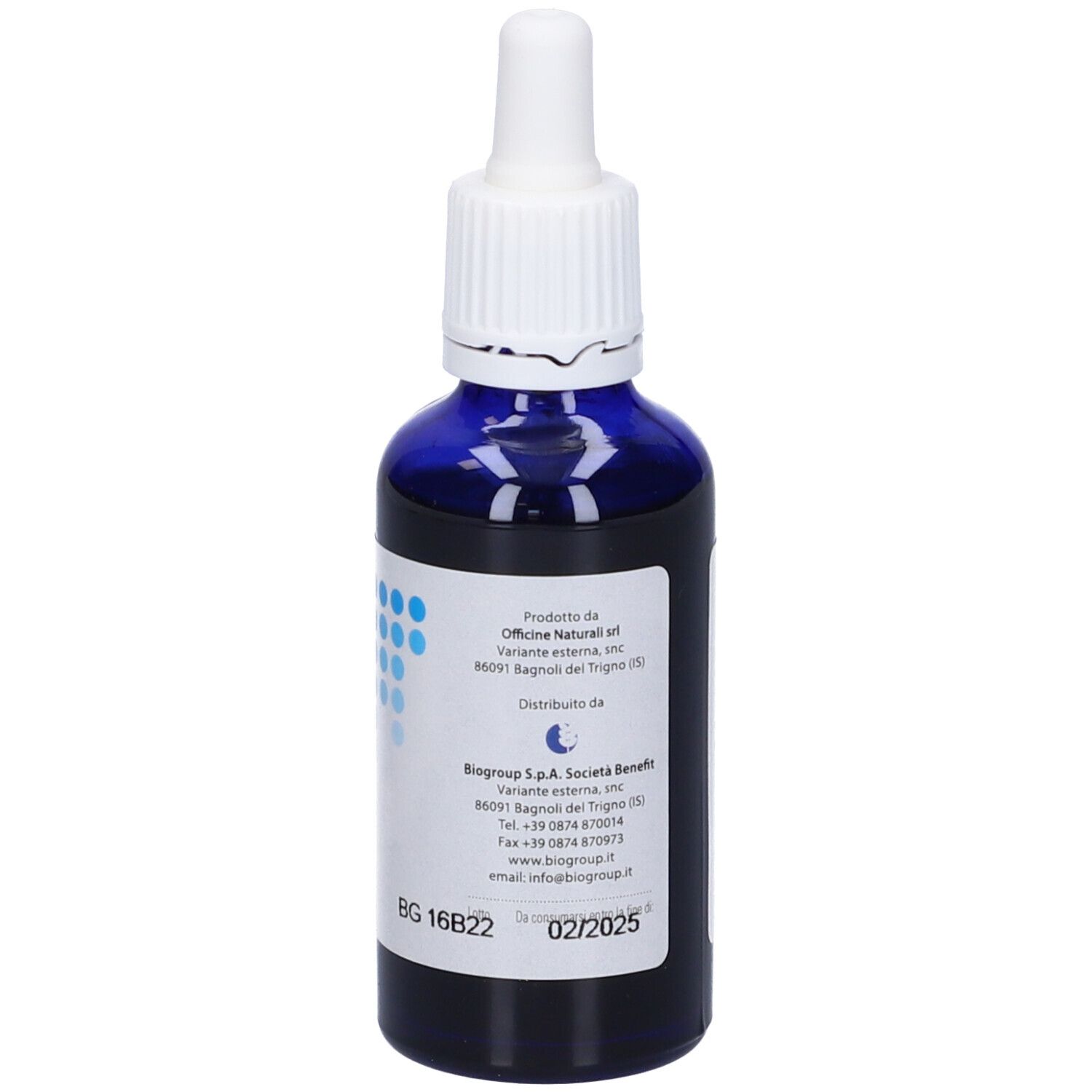 Flacone blu con contagocce bianco. Etichetta con informazioni del produttore.